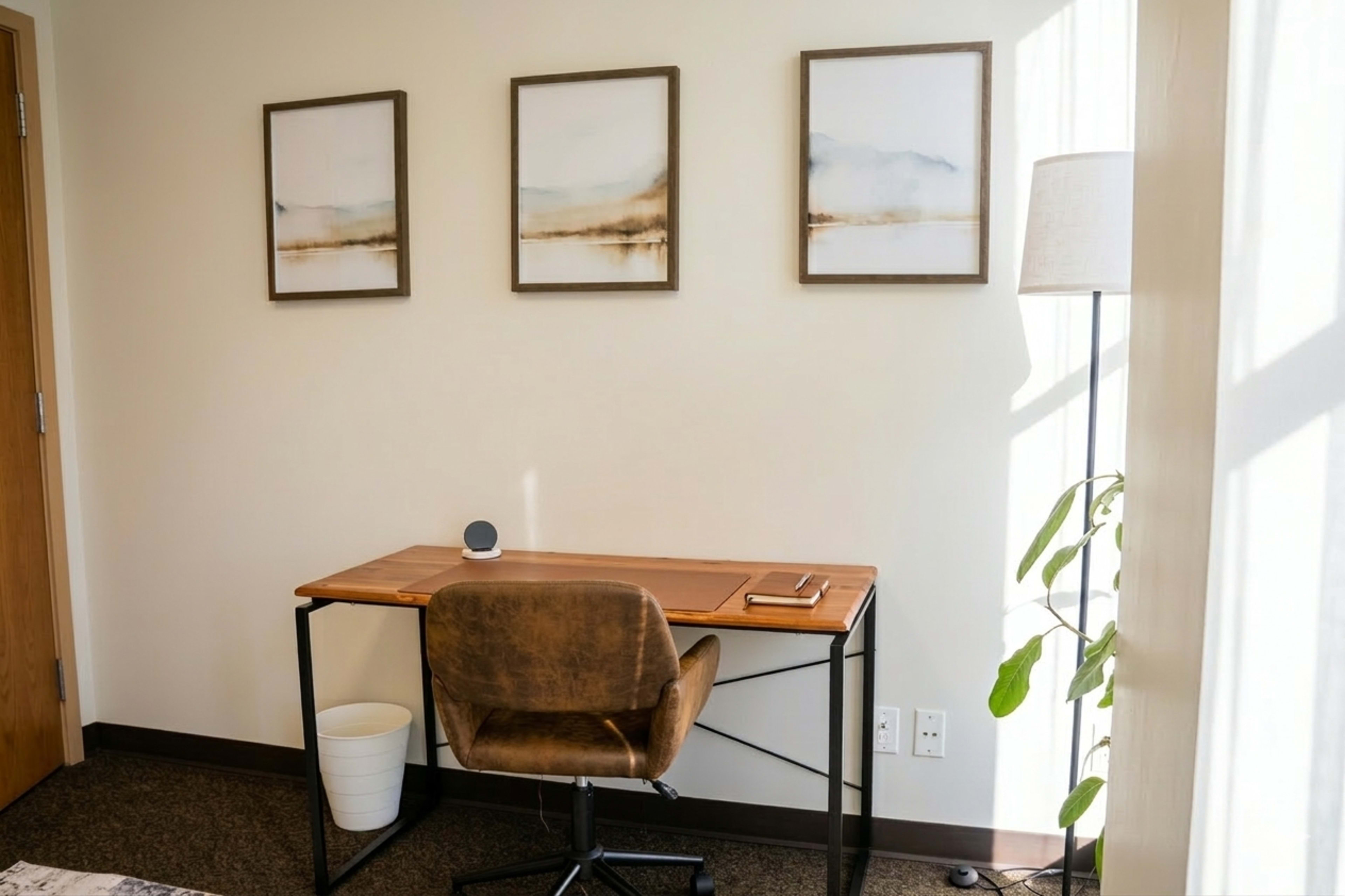 The image shows a minimalist workspace featuring a wooden desk, a brown chair, three framed artworks on the wall, and a lamp beside a potted plant.