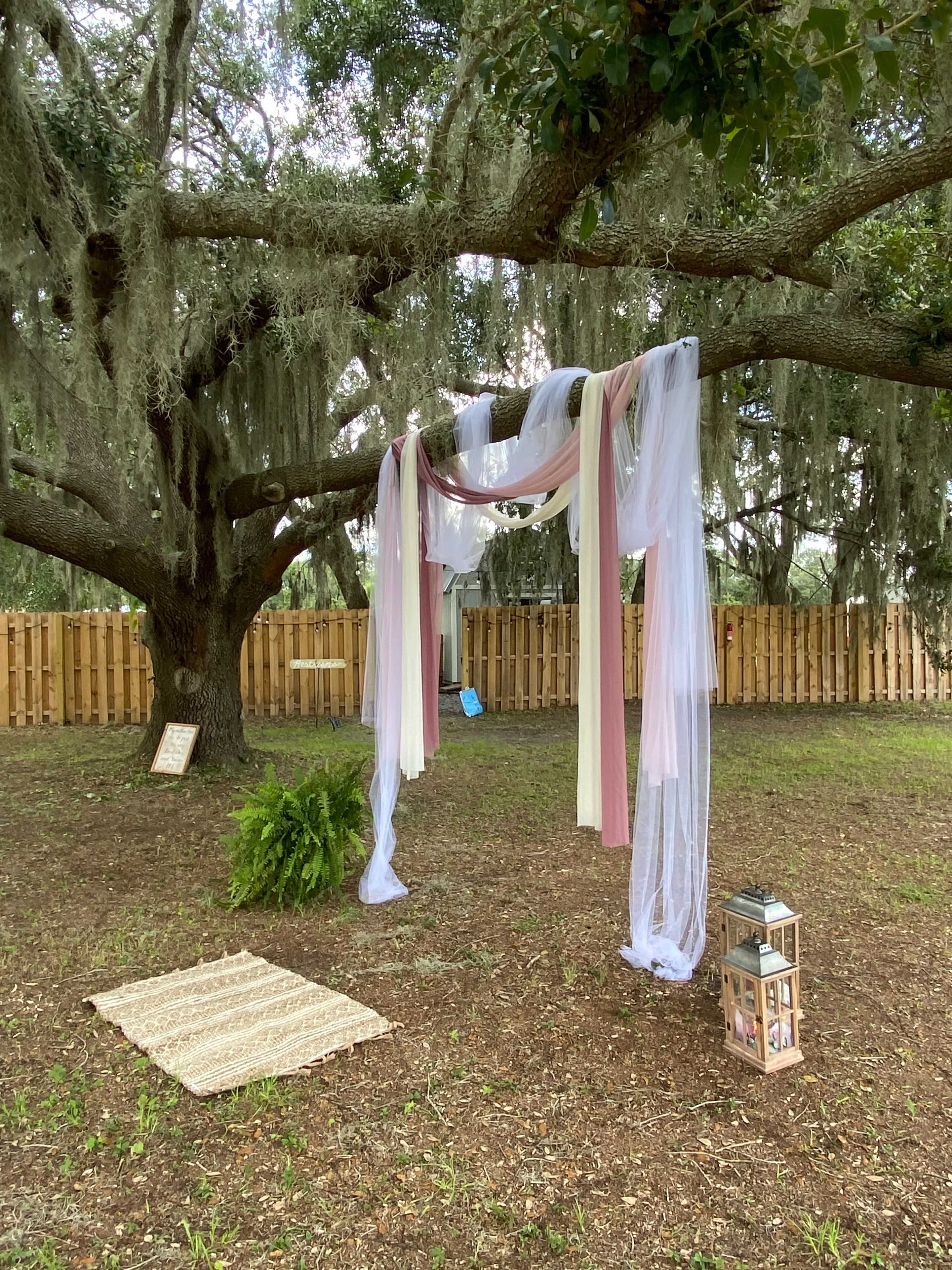 A decorative fabric drape hangs from a tree branch in a grassy area, complemented by a lantern and a woven mat on the ground.