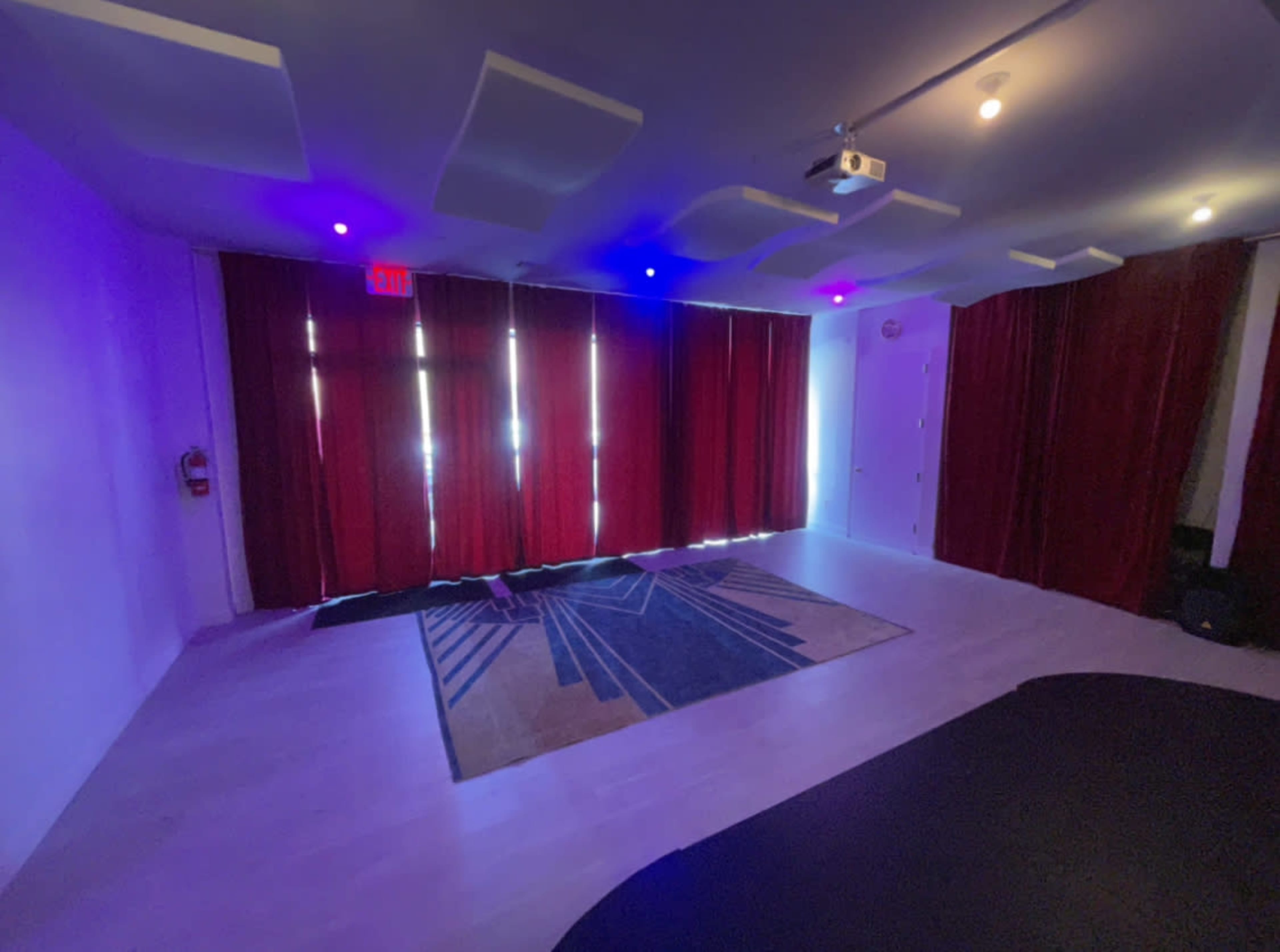 A spacious room with wooden flooring, a patterned area rug, red curtains, and overhead lighting.