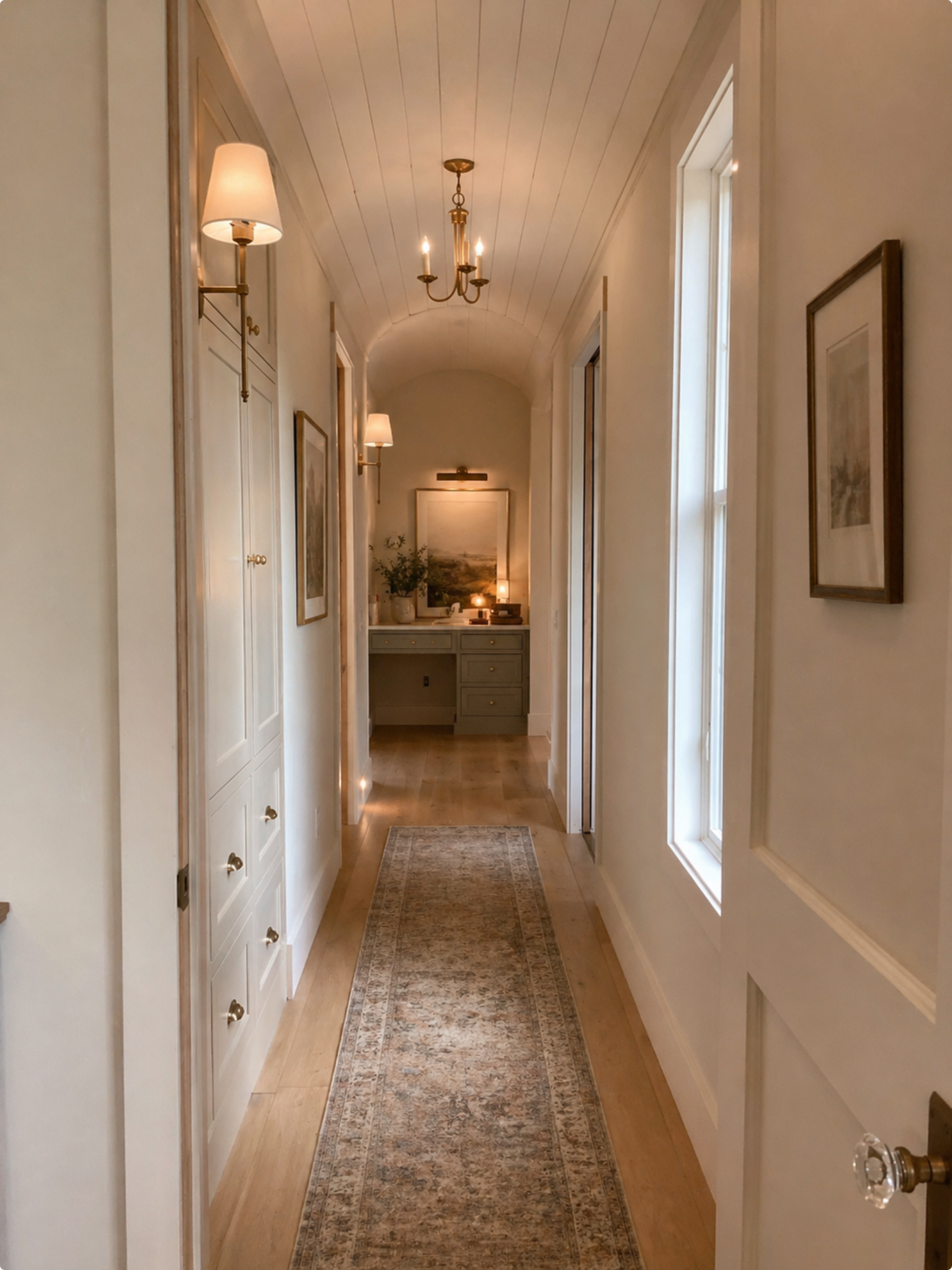 The image shows a narrow hallway with light-colored walls, wooden flooring, and a long area rug, featuring sconces and a console table at the far end.