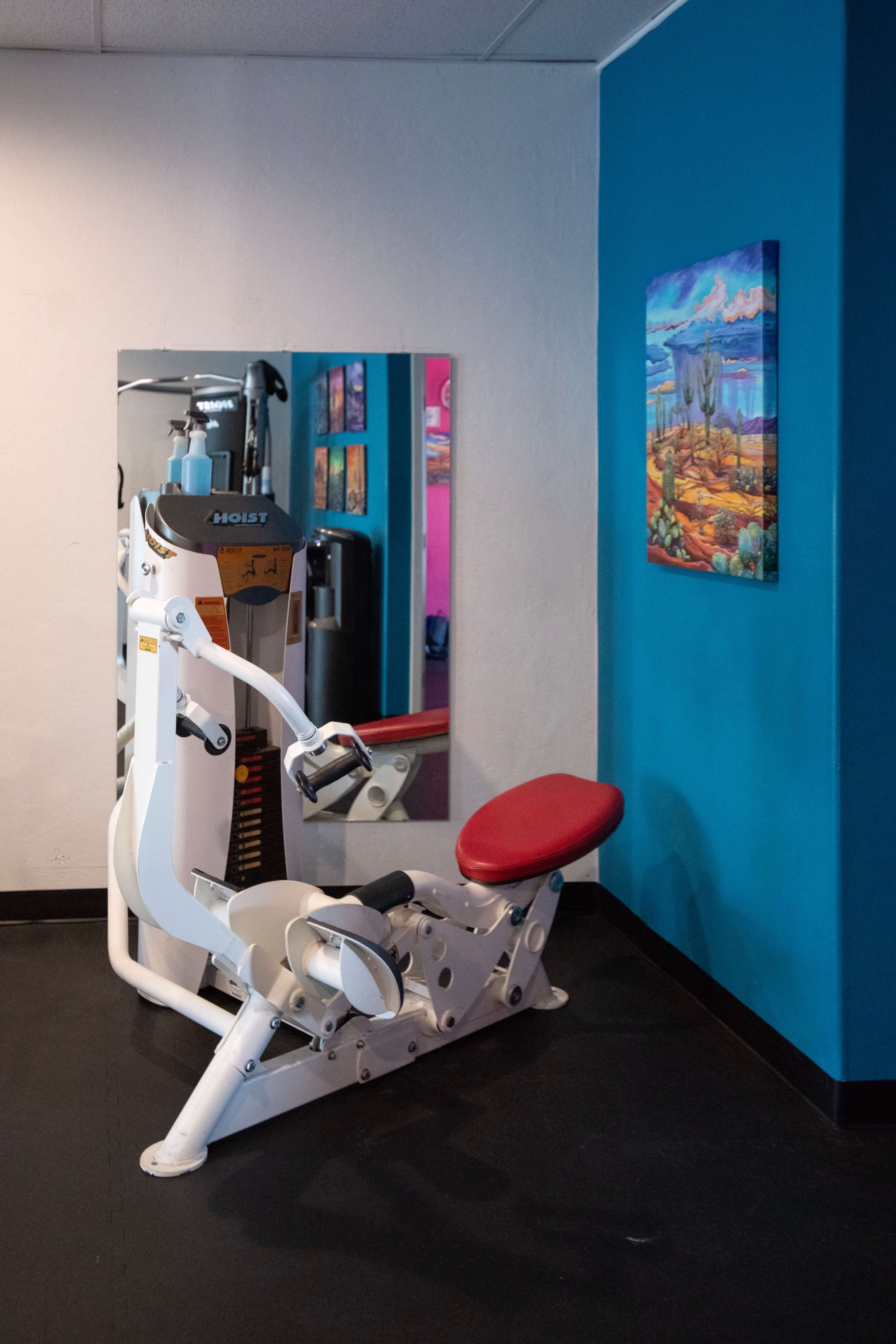 A workout machine with a red seat is positioned in a gym corner, mirrored against a wall with a colorful artwork.