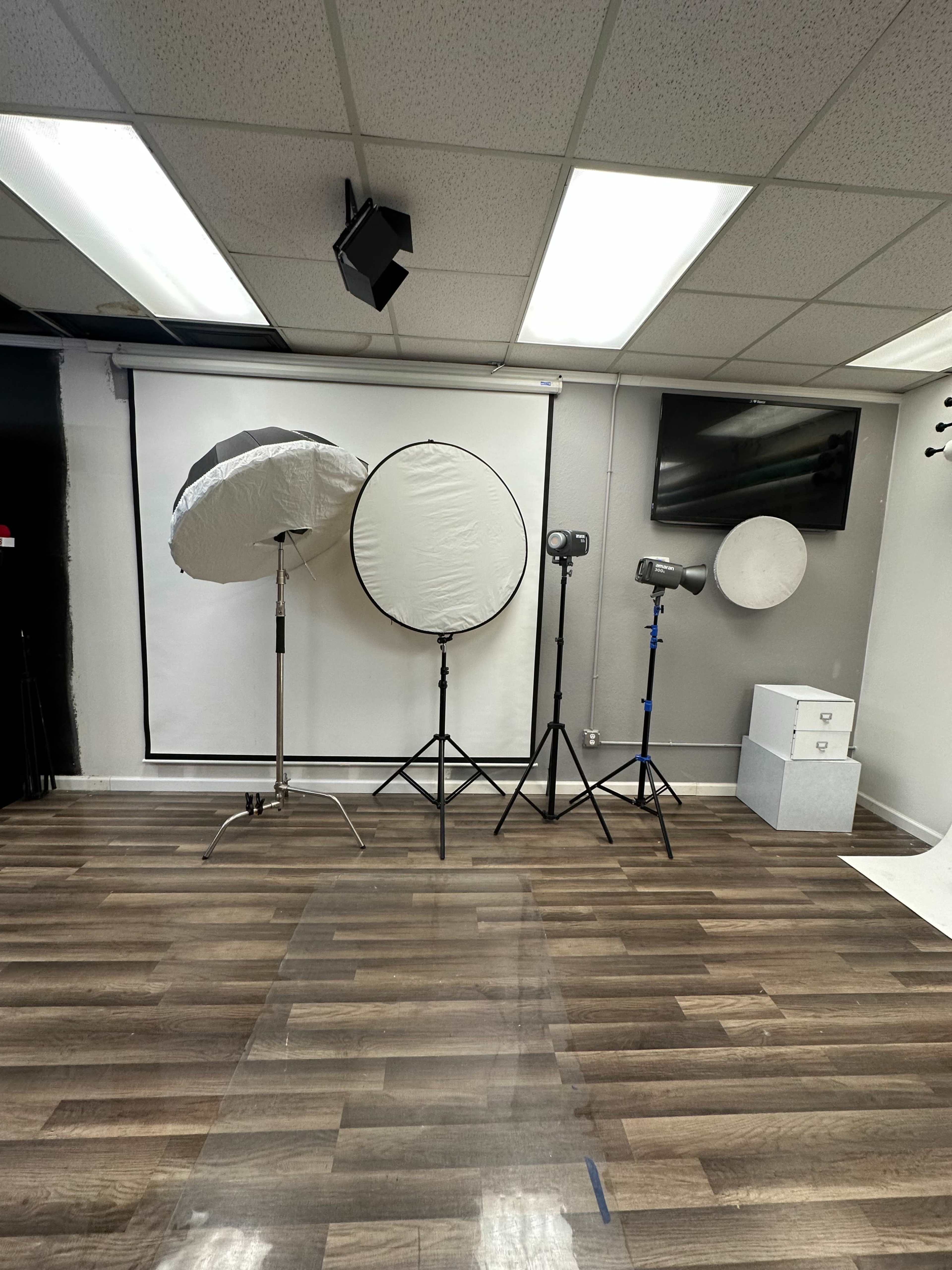 The image shows a photography studio setup with two light stands, a reflector on a stand, and a blank backdrop.