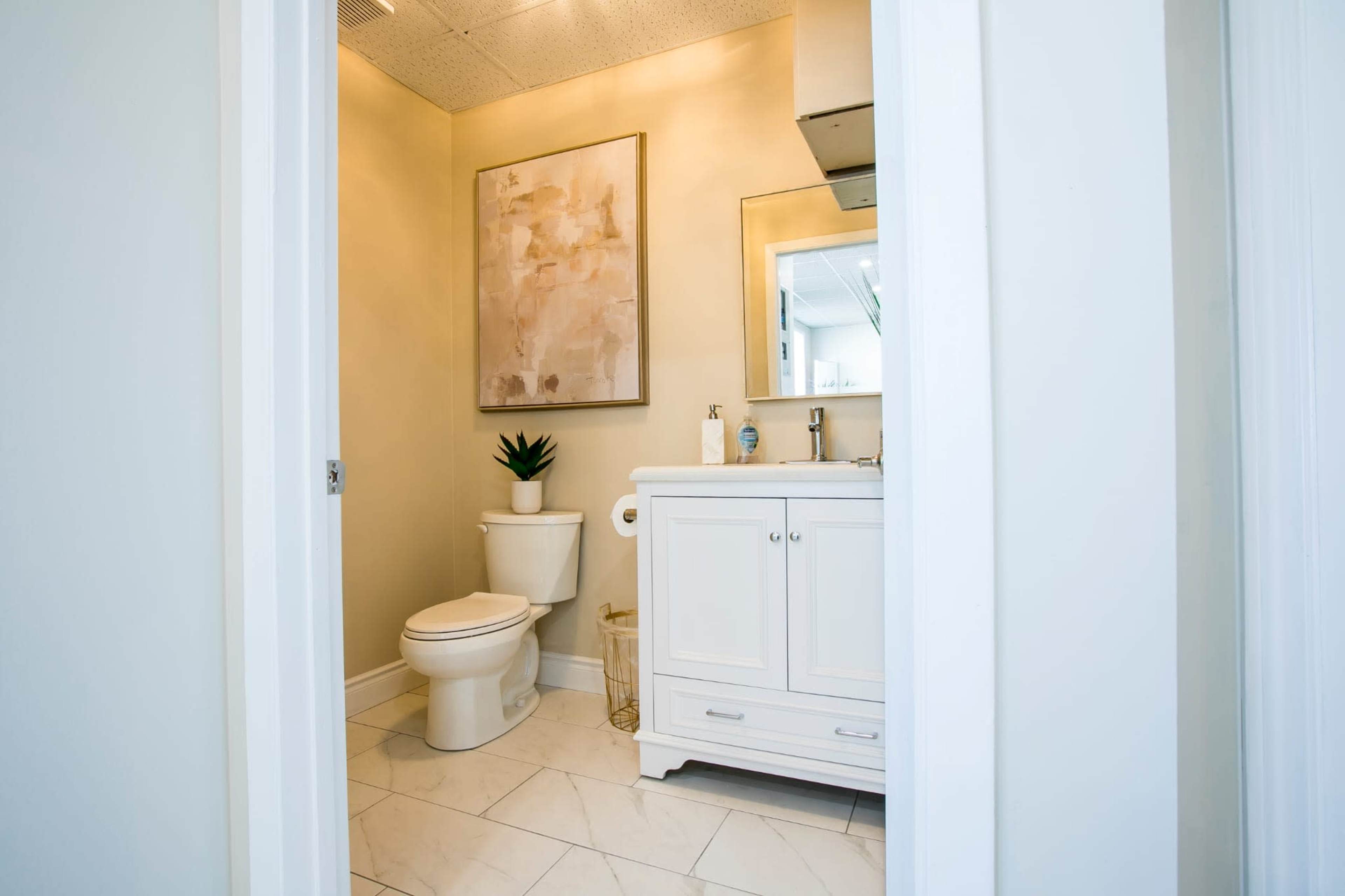 A well-lit bathroom featuring a white toilet, a white vanity with a mirror, and a framed artwork on the wall.