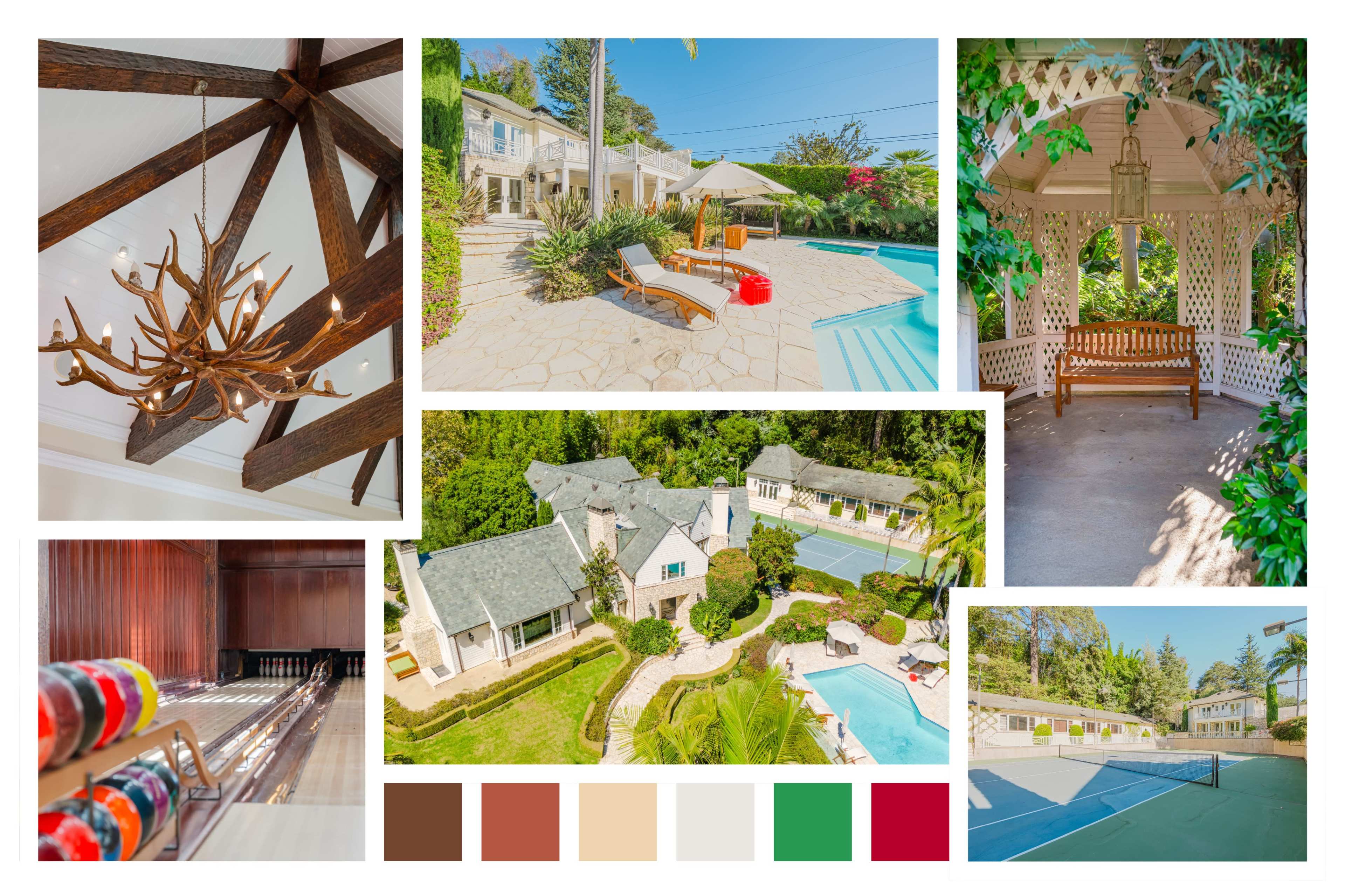 The image showcases a luxurious property featuring a swimming pool, a gazebo, various outdoor seating areas, and a bowling alley inside.