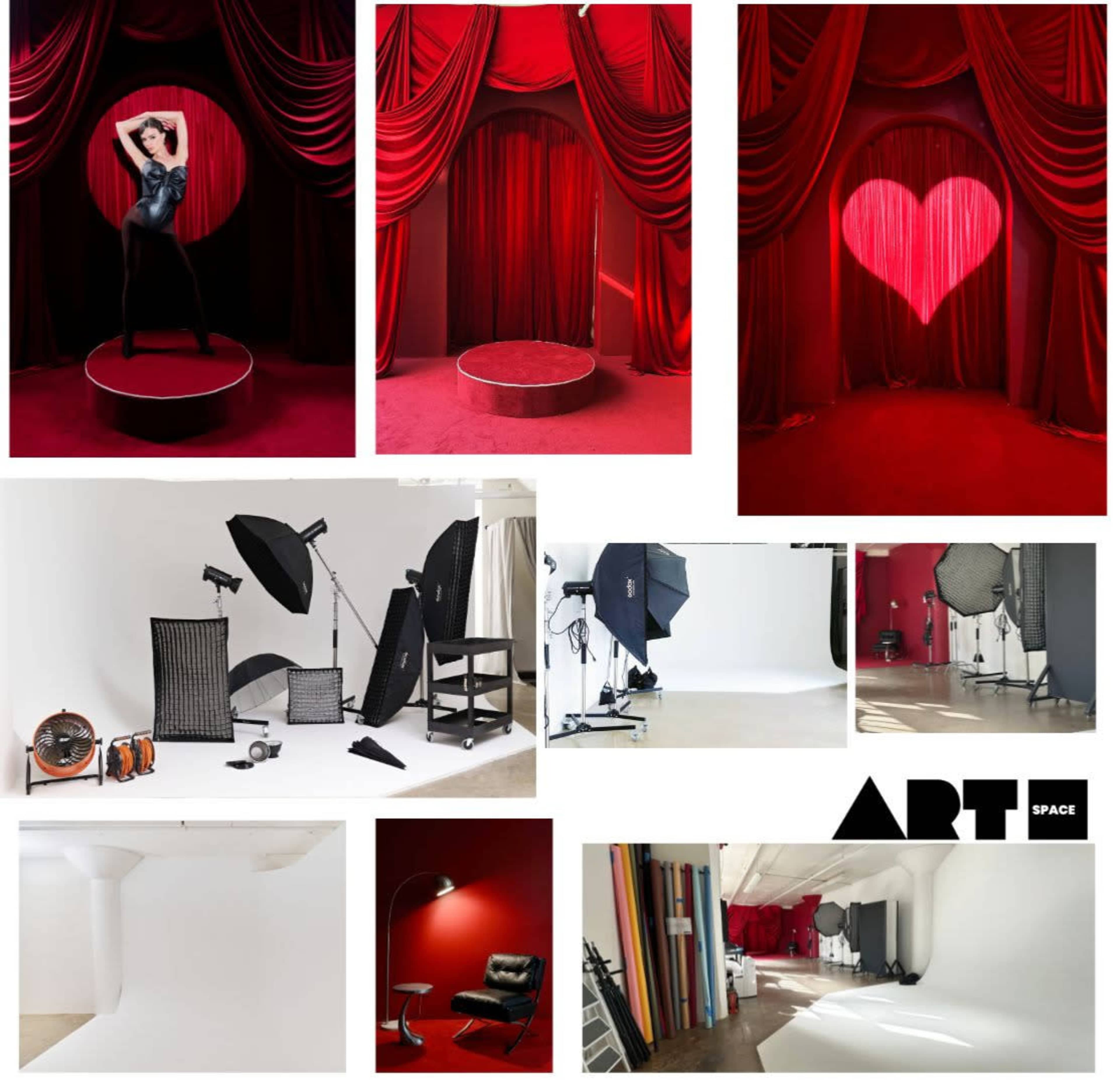 The image features a collection of photography studio setups, including various backdrops like red curtains and a heart shape, along with an array of lighting equipment and props.