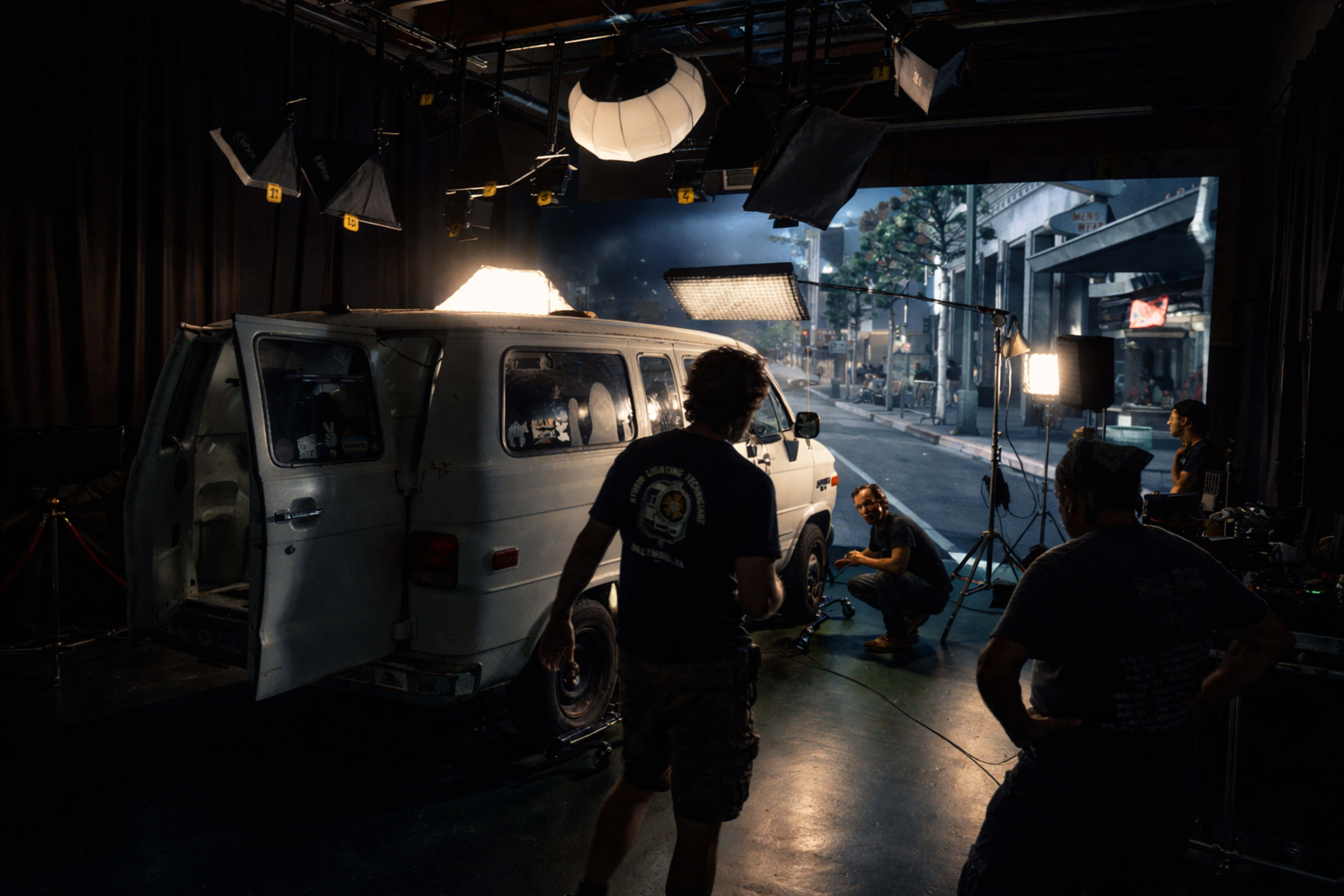 A film crew is setting up lighting and equipment around a vintage van in a studio environment that resembles an urban street scene.