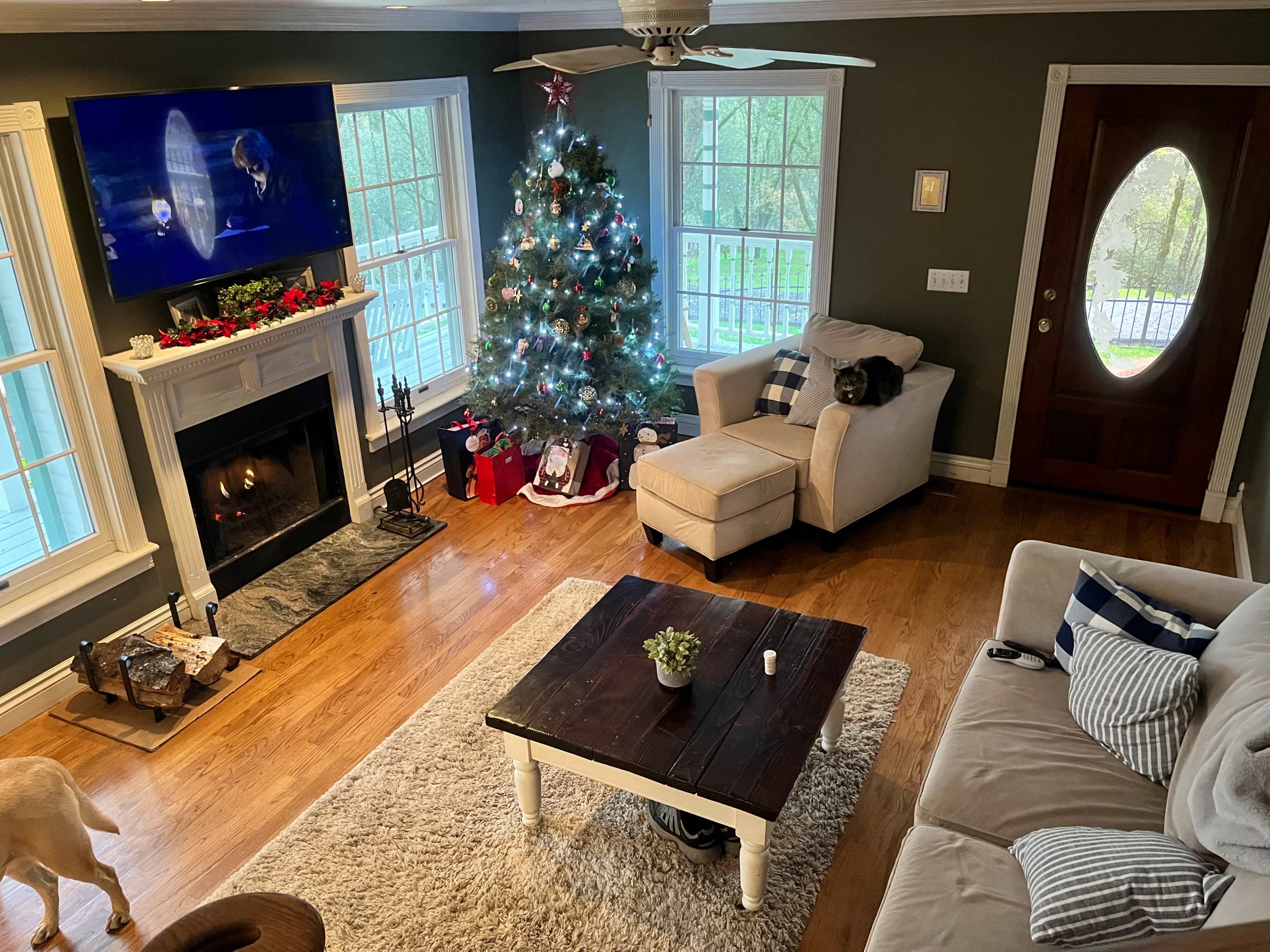 The living room features a decorated Christmas tree, a cozy fireplace, and a beige chair beside a coffee table, with a cat sitting on the chair and a dog on the rug.