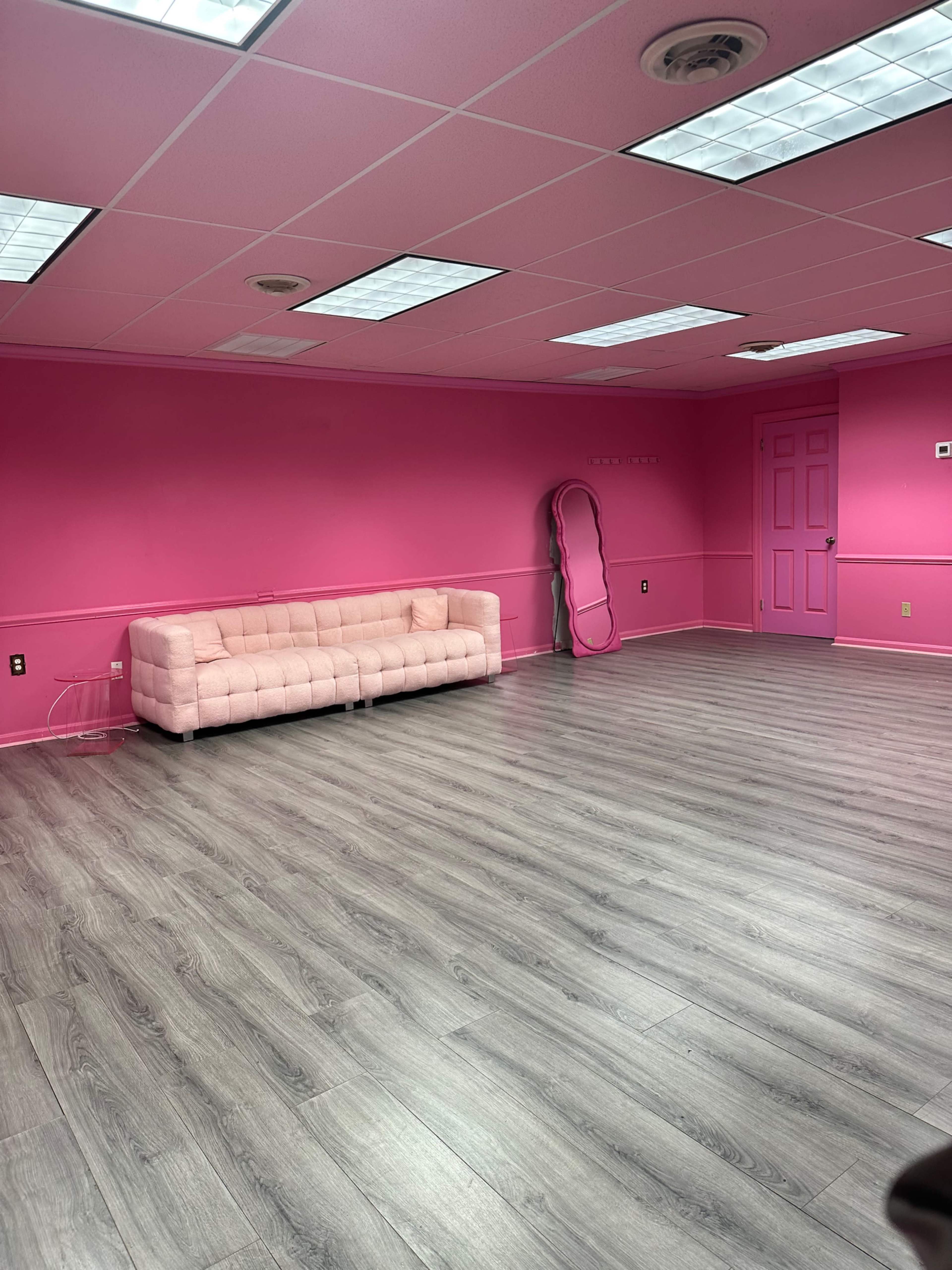 The room features pink walls, a light pink couch, a large mirror, and wooden flooring.