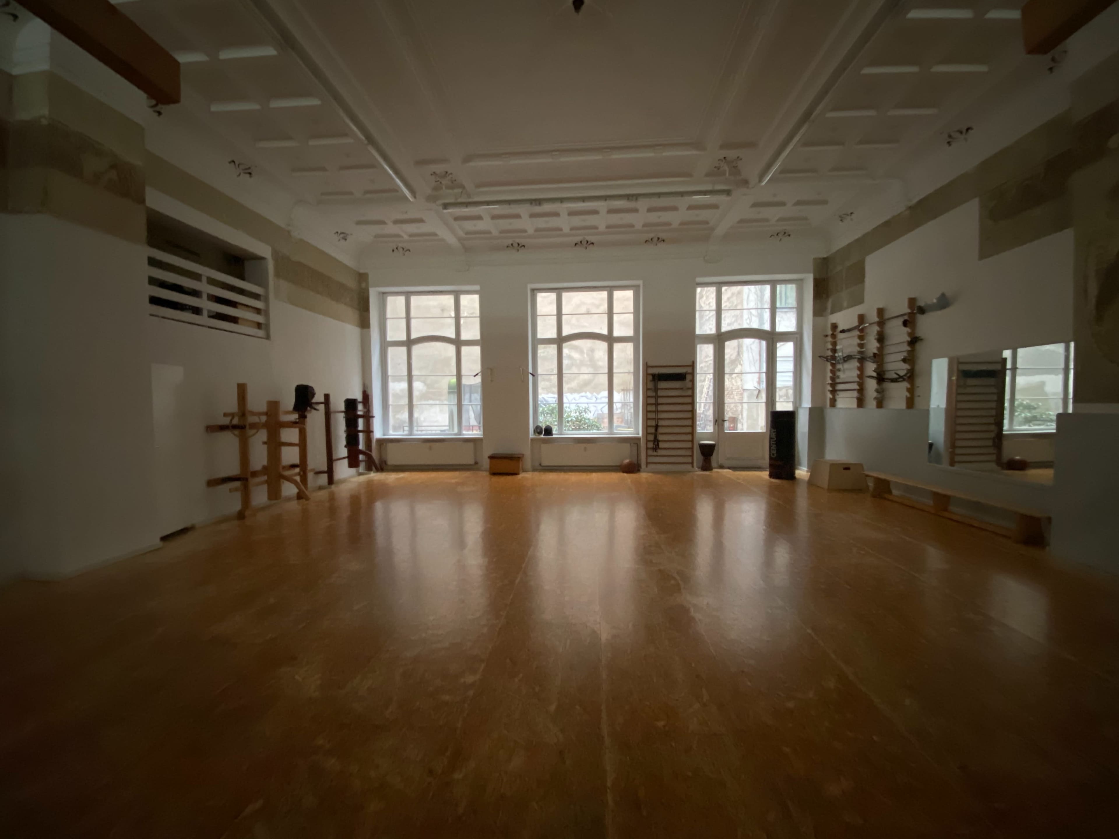 The image shows a spacious, empty room with large windows, wooden flooring, and martial arts training equipment along the walls.