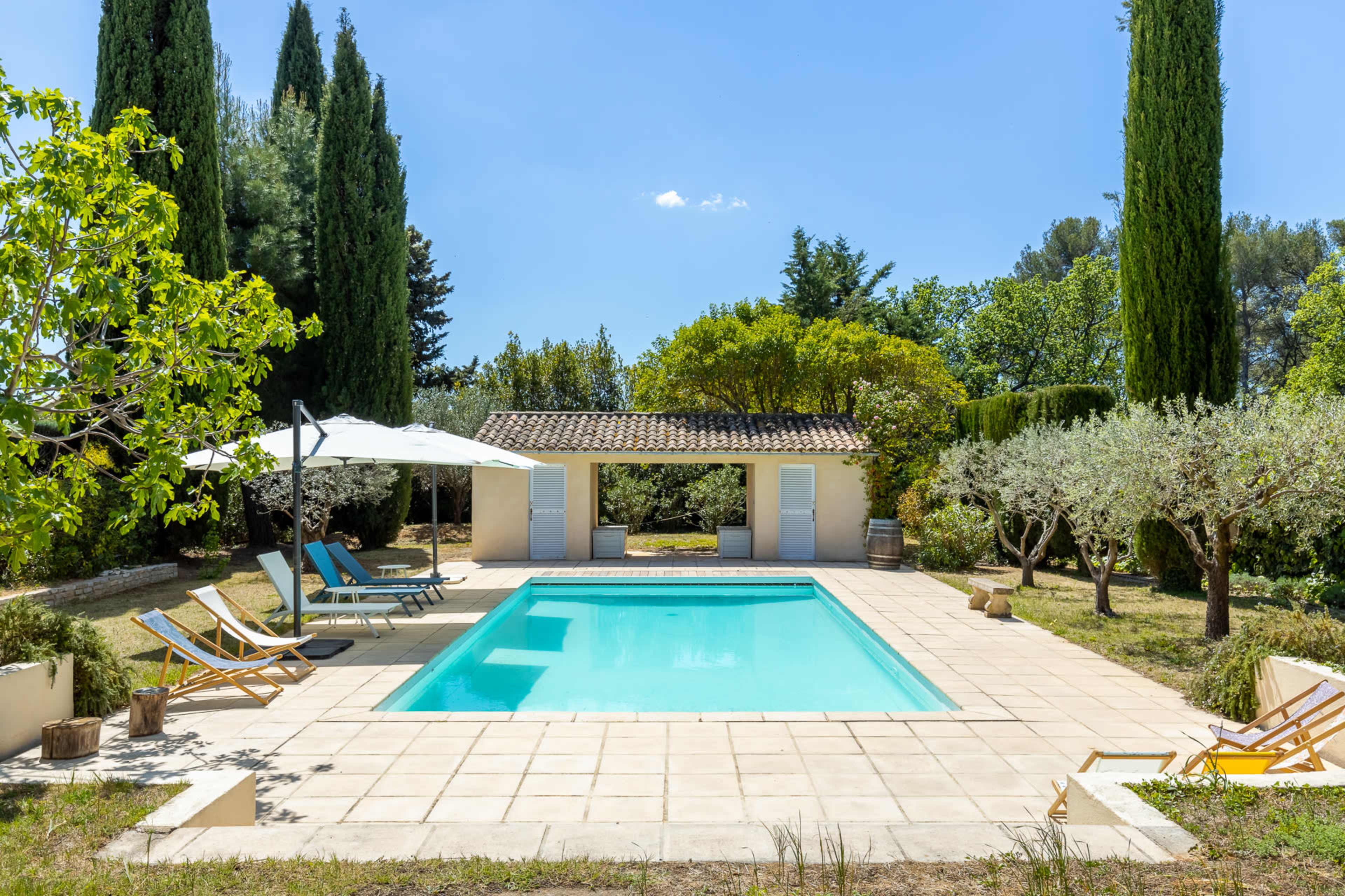 A rectangular swimming pool surrounded by loungers and shaded by umbrellas, with lush greenery and a small building in the background.
