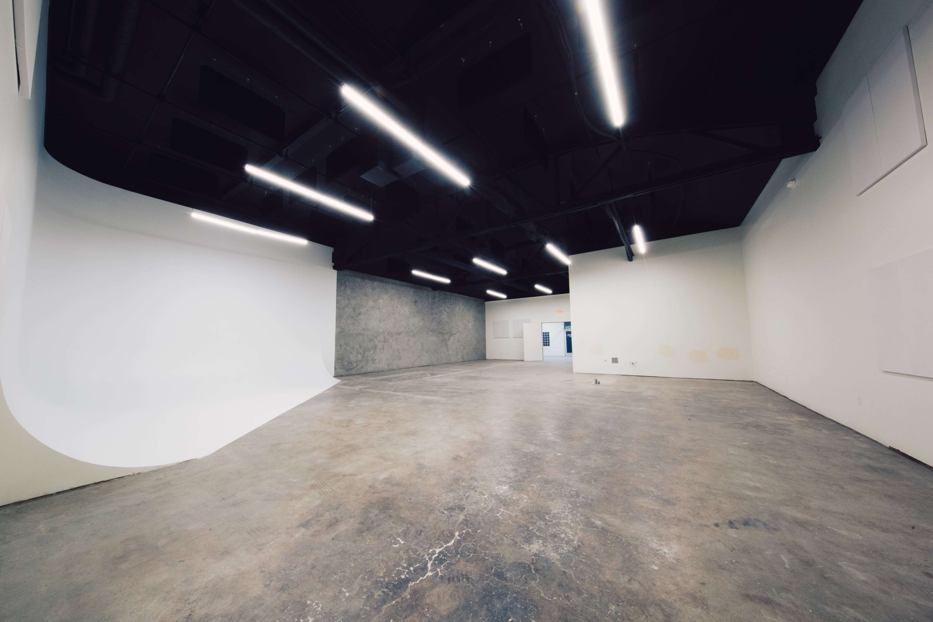 An empty studio space featuring a curved white wall and a concrete wall, with overhead lights illuminating the area.