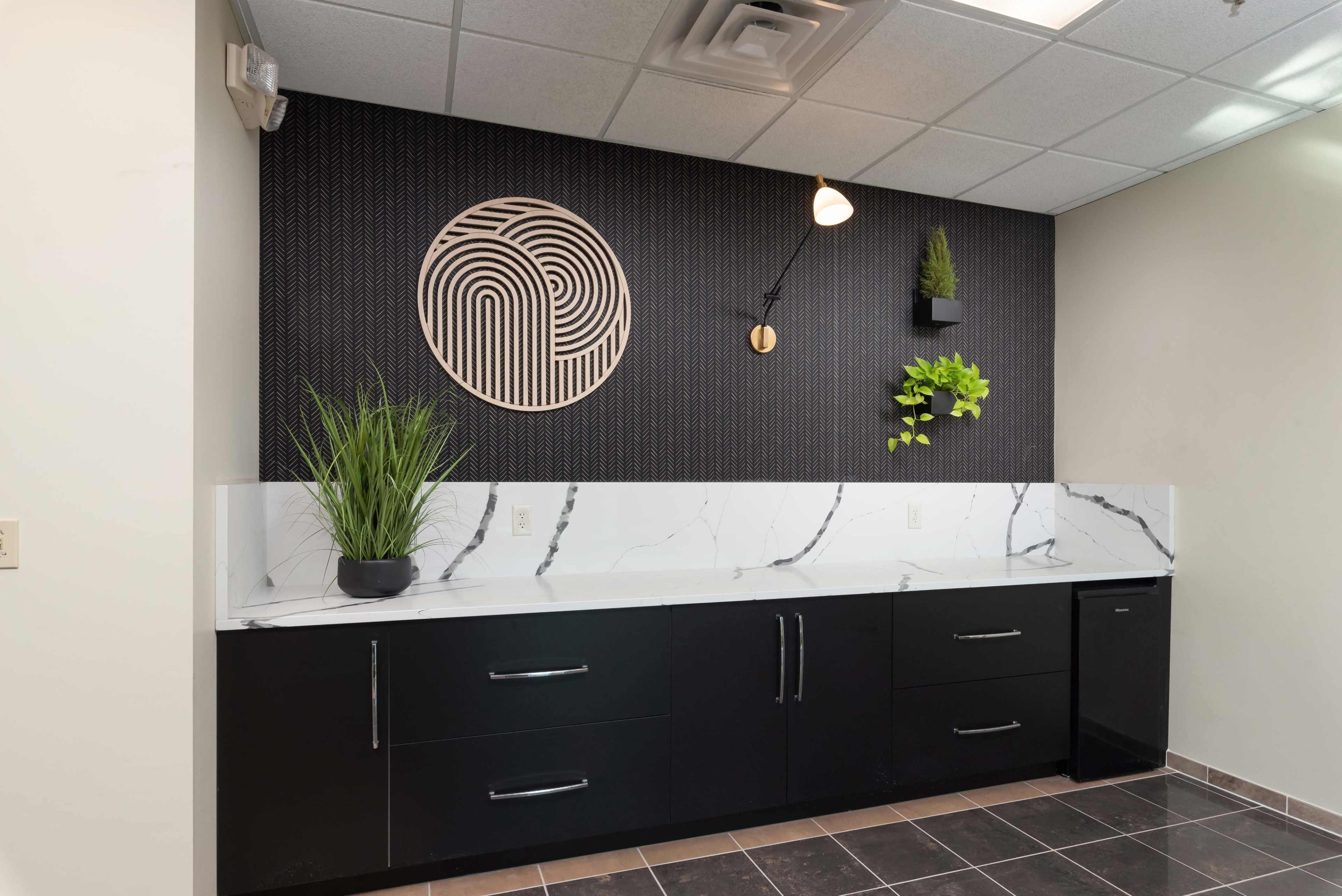 A modern kitchenette with a dark cabinet base, a white marble countertop, and a decorative wall featuring a circular design and greenery.