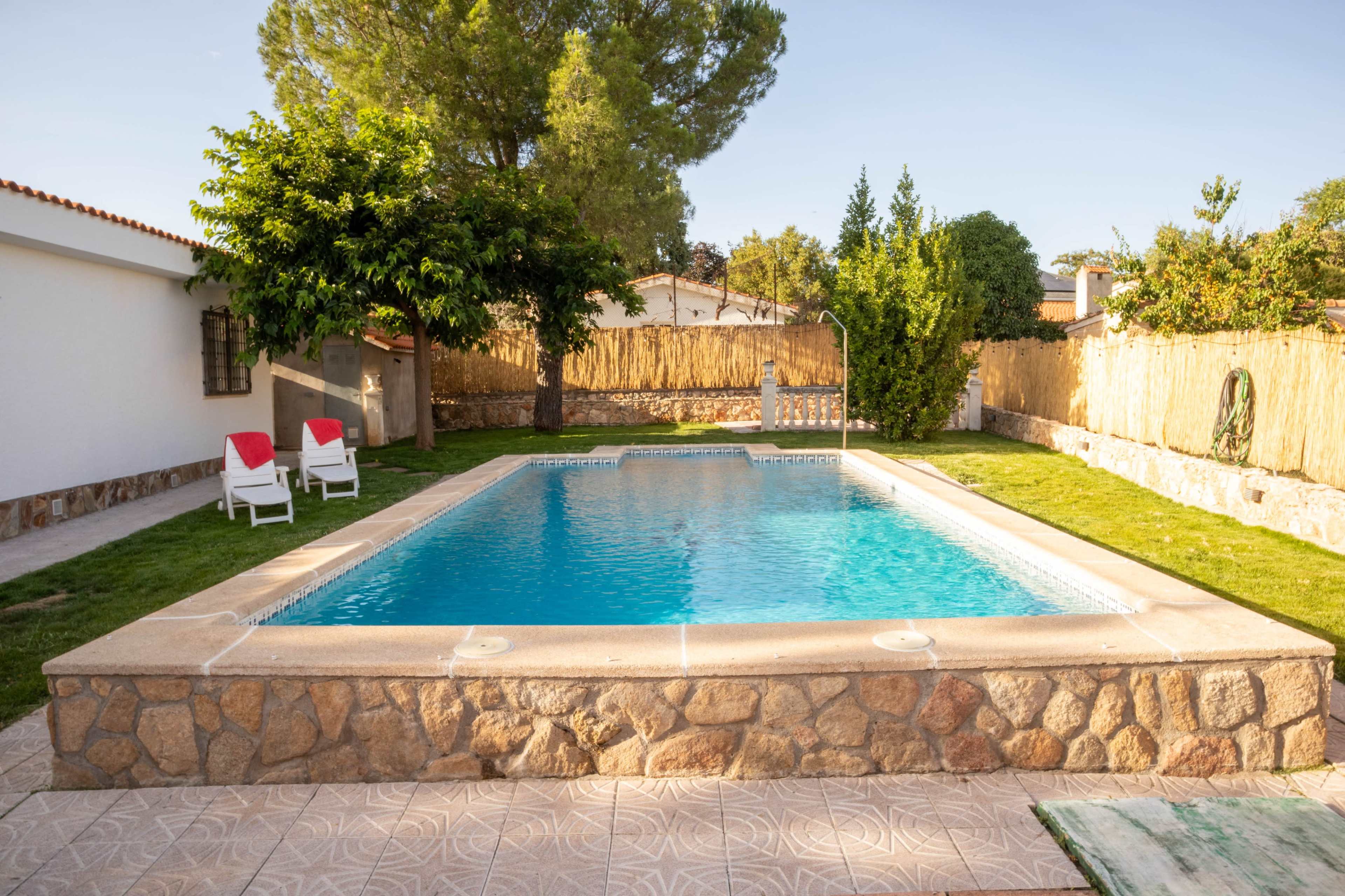 The image shows a rectangular swimming pool surrounded by a stone deck, two lounge chairs, and lush greenery in a residential backyard.