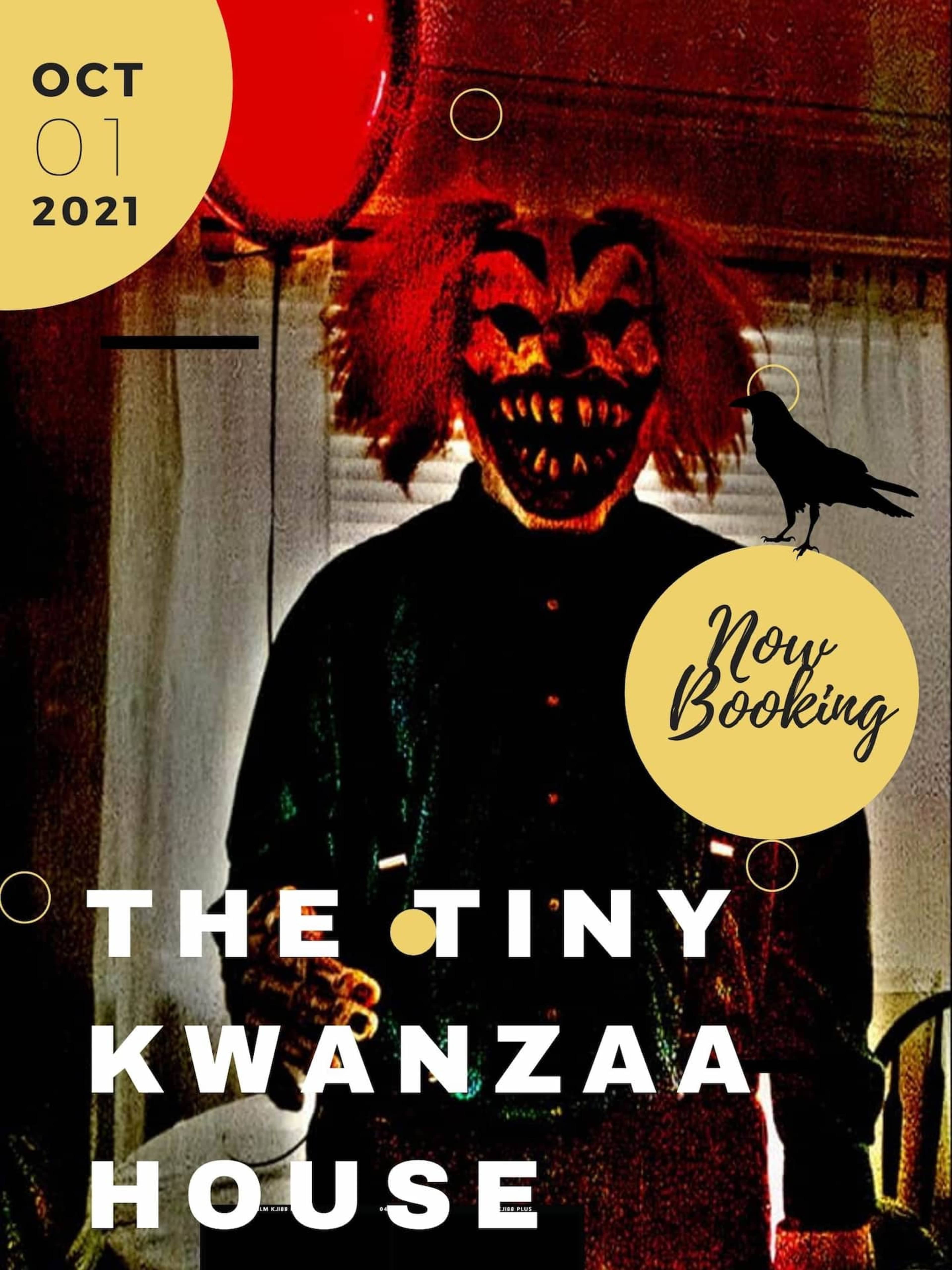 A clown with an exaggerated face and a red wig, standing in a dimly lit room with a balloon and promotional text for "The Tiny Kwanzaa House" event.