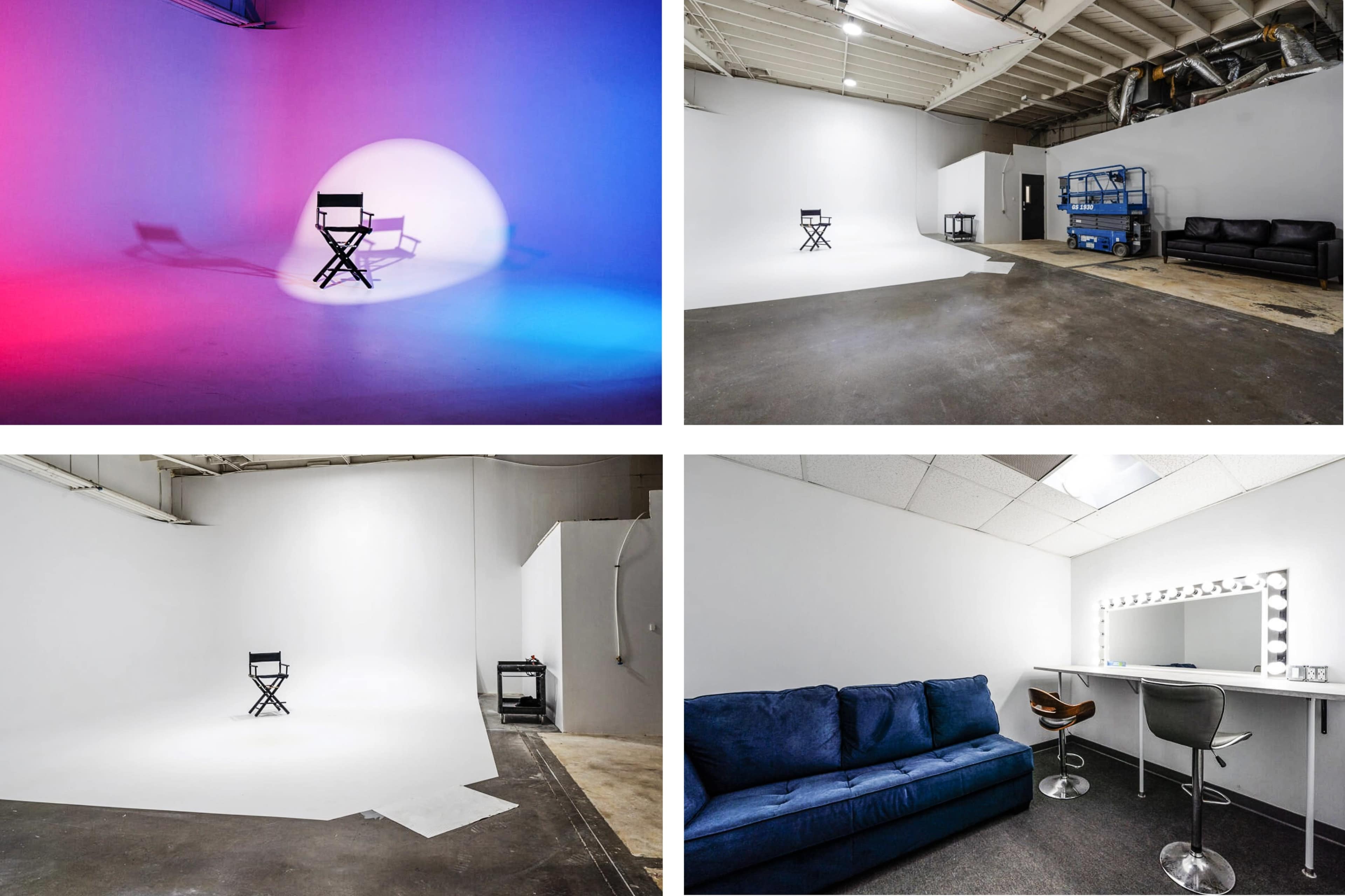 A series of empty studio spaces, featuring a director's chair in a backdrop of colored lights, a plain white shooting area, and a lounge area with a couch and mirror.
