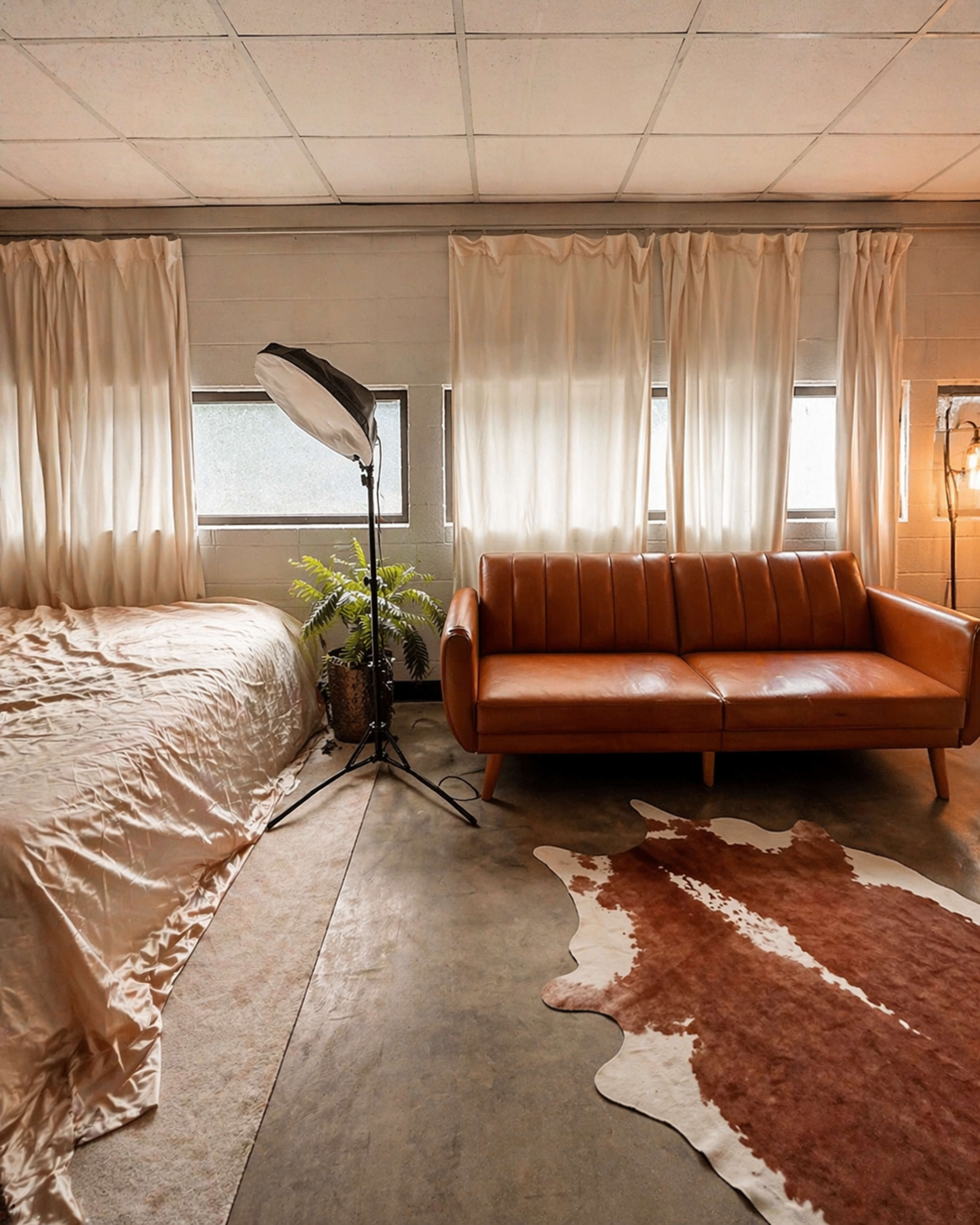 The image depicts a minimalist room featuring a bed covered with a light-colored linen, a brown leather sofa, a cowhide rug, and large windows with sheer curtains.