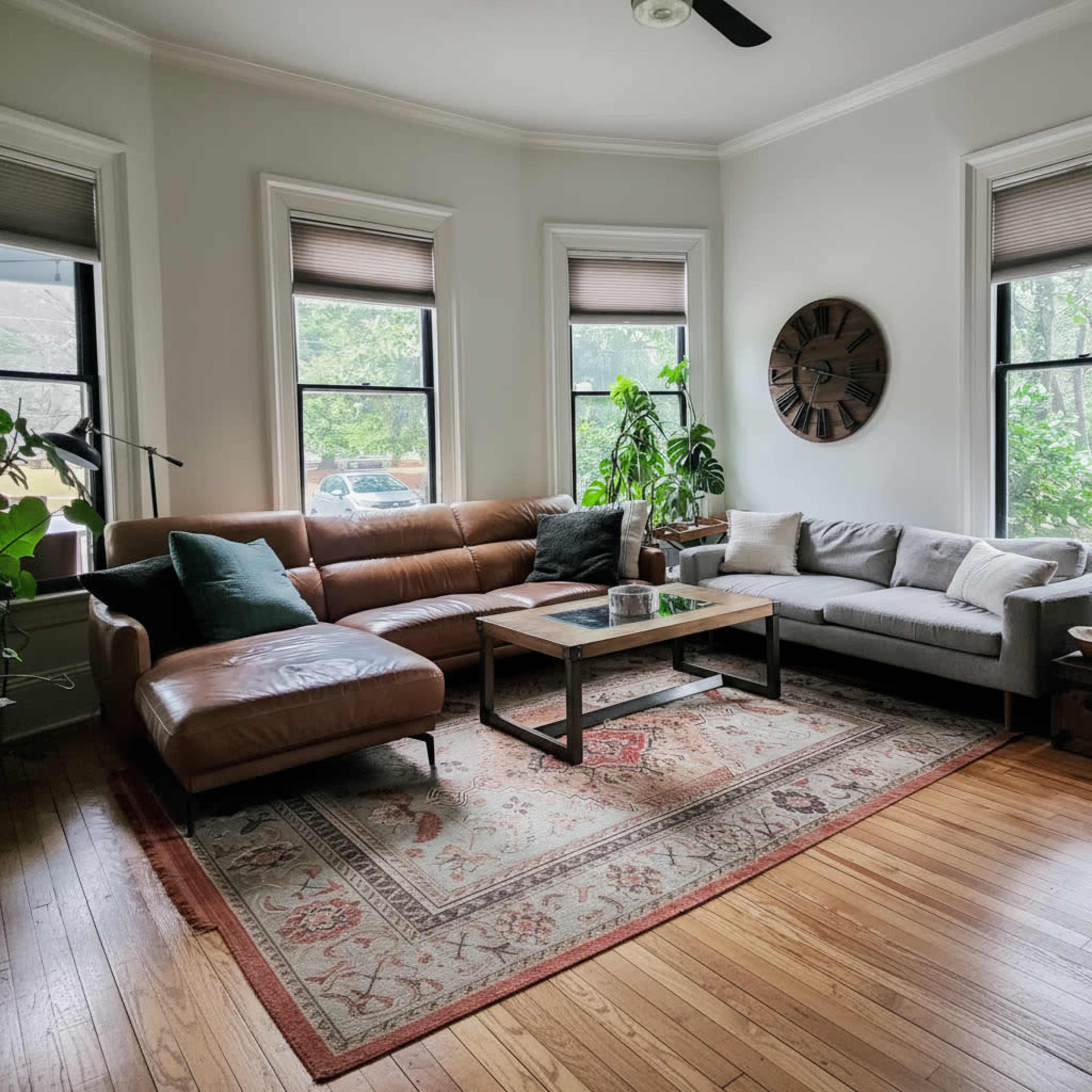 The image shows a living room with a brown sectional sofa, a light gray couch, a wooden coffee table, and a patterned rug on hardwood flooring, surrounded by large windows and indoor plants.