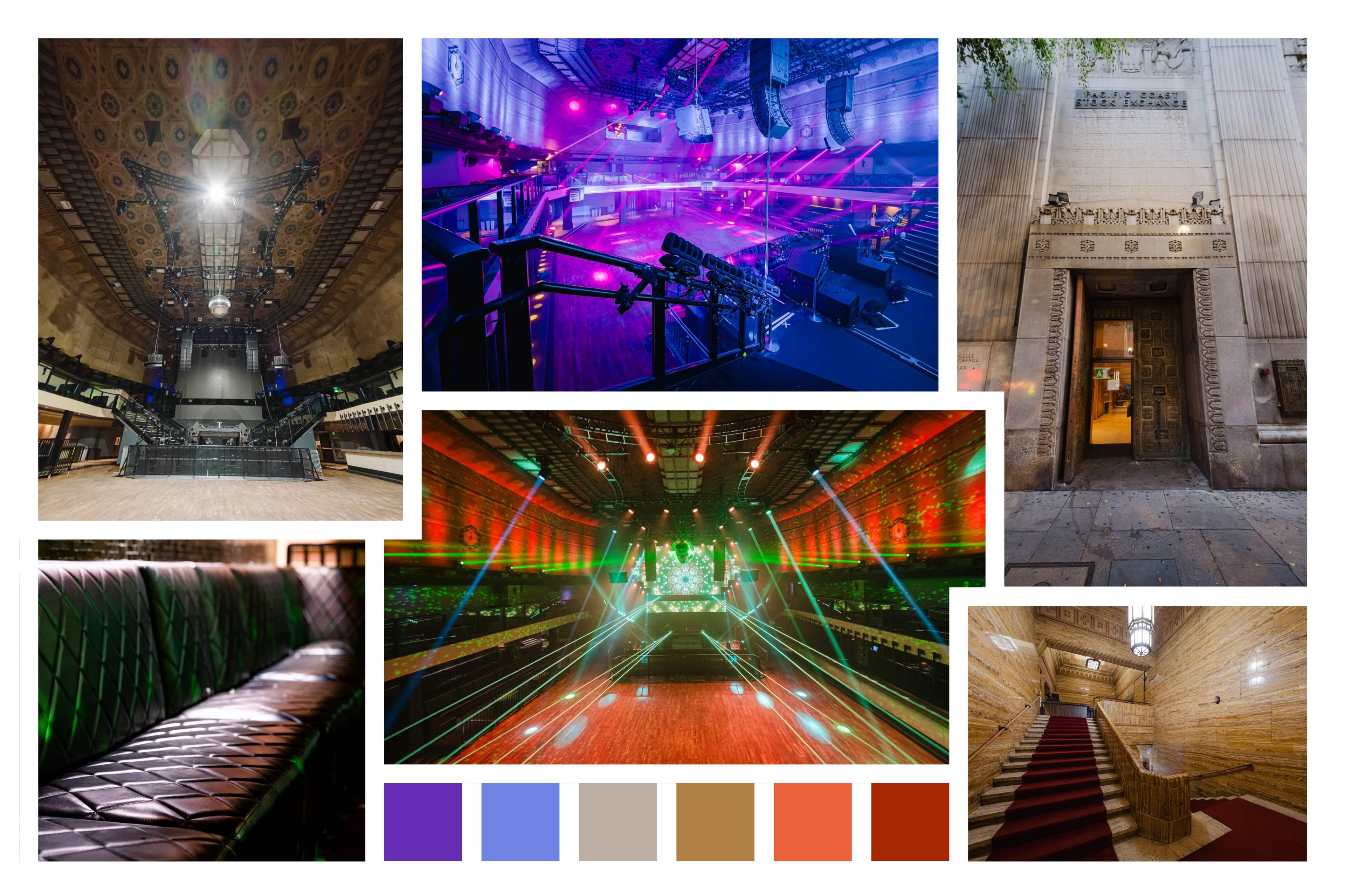 A collage of various venues, including a concert hall with colorful lighting, a stylish seating area, and architectural details of a building entrance.