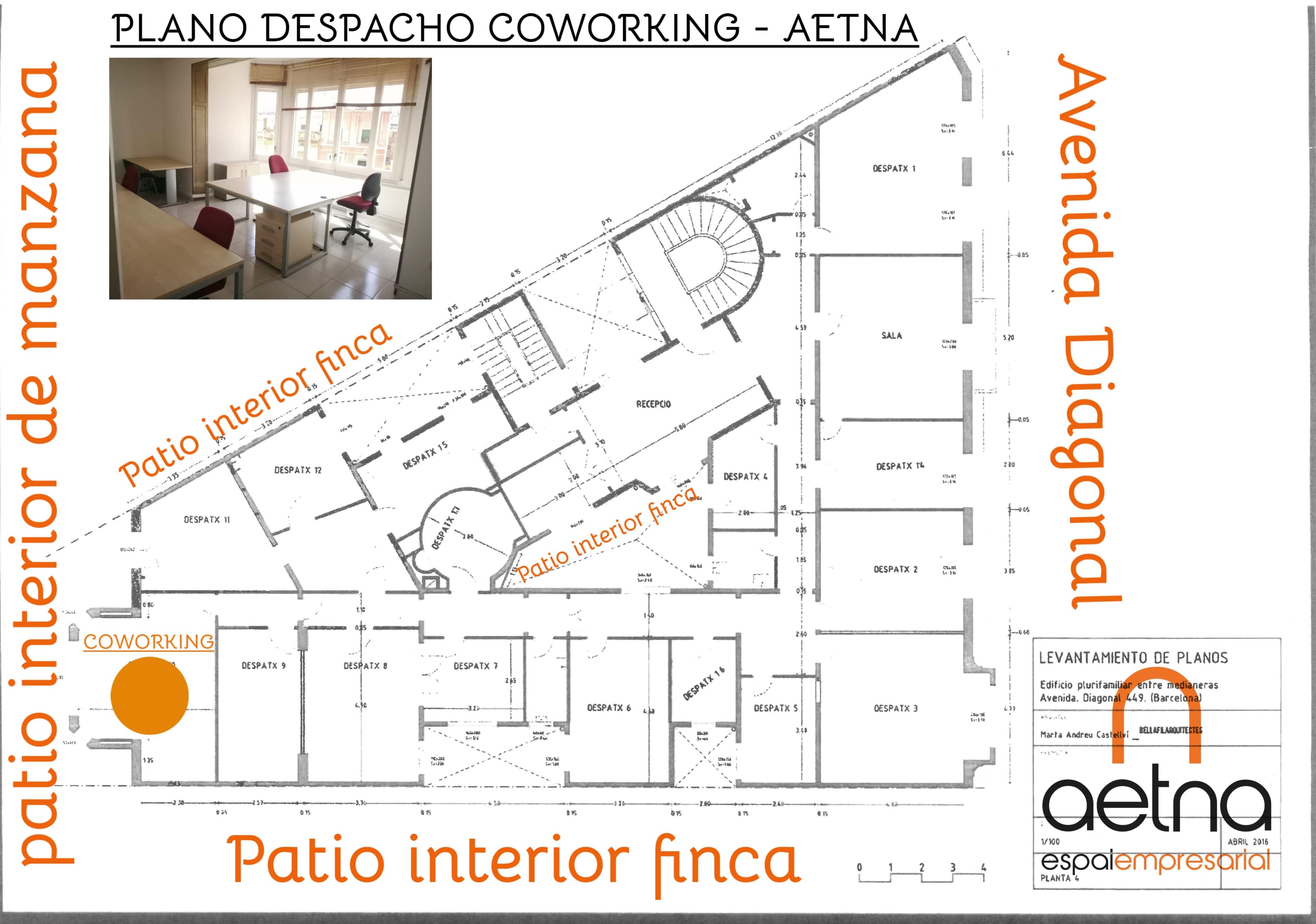 The image displays a floor plan for a coworking space, labeled with areas including "Patio interior de manzana," "Patio interior finca," and designated coworking sections, along with the location details "Avenida Diagonal."