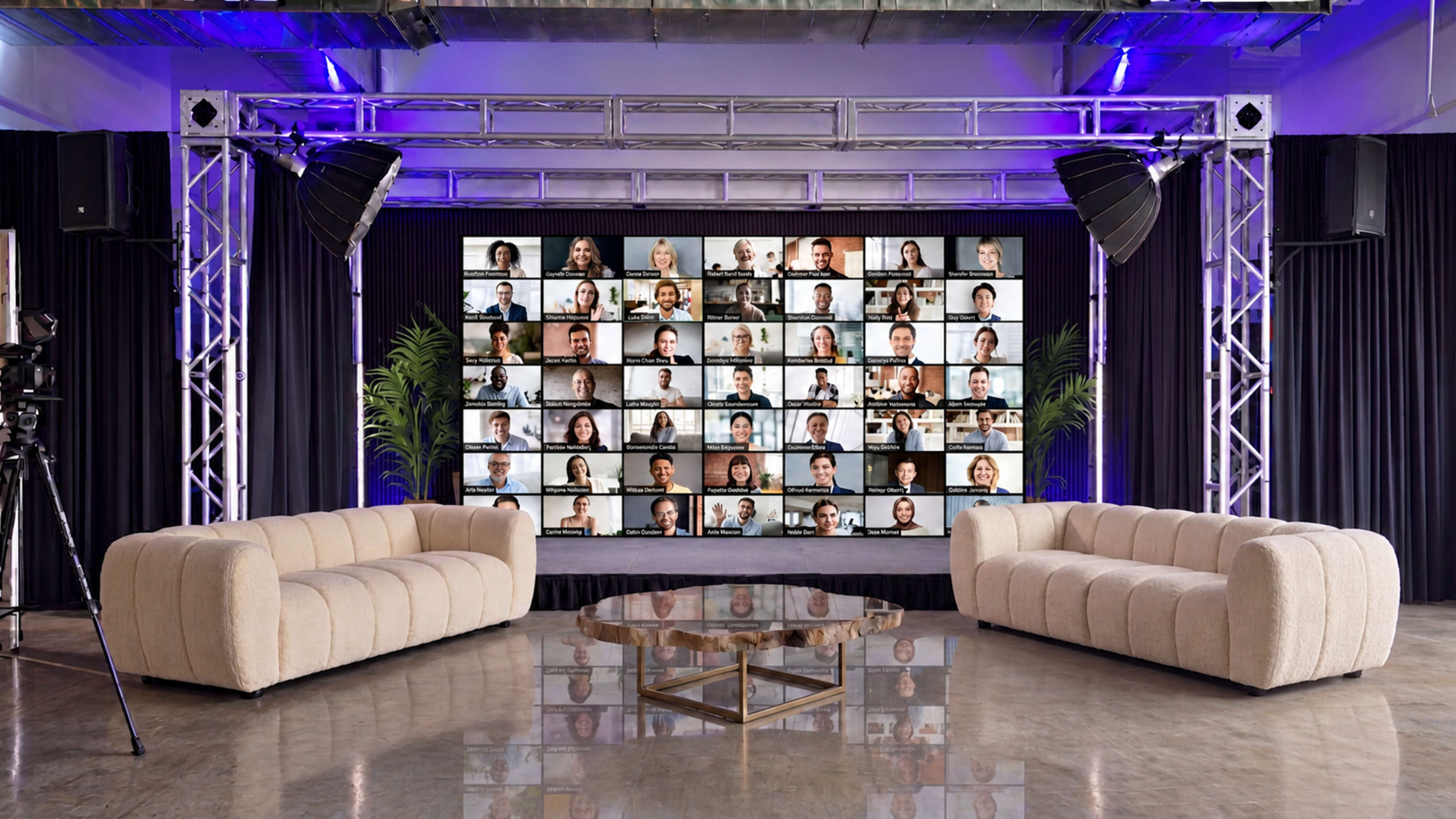 A modern event space features two cream-colored sofas facing a large screen displaying multiple video conference participants, with industrial-style lighting and accents.