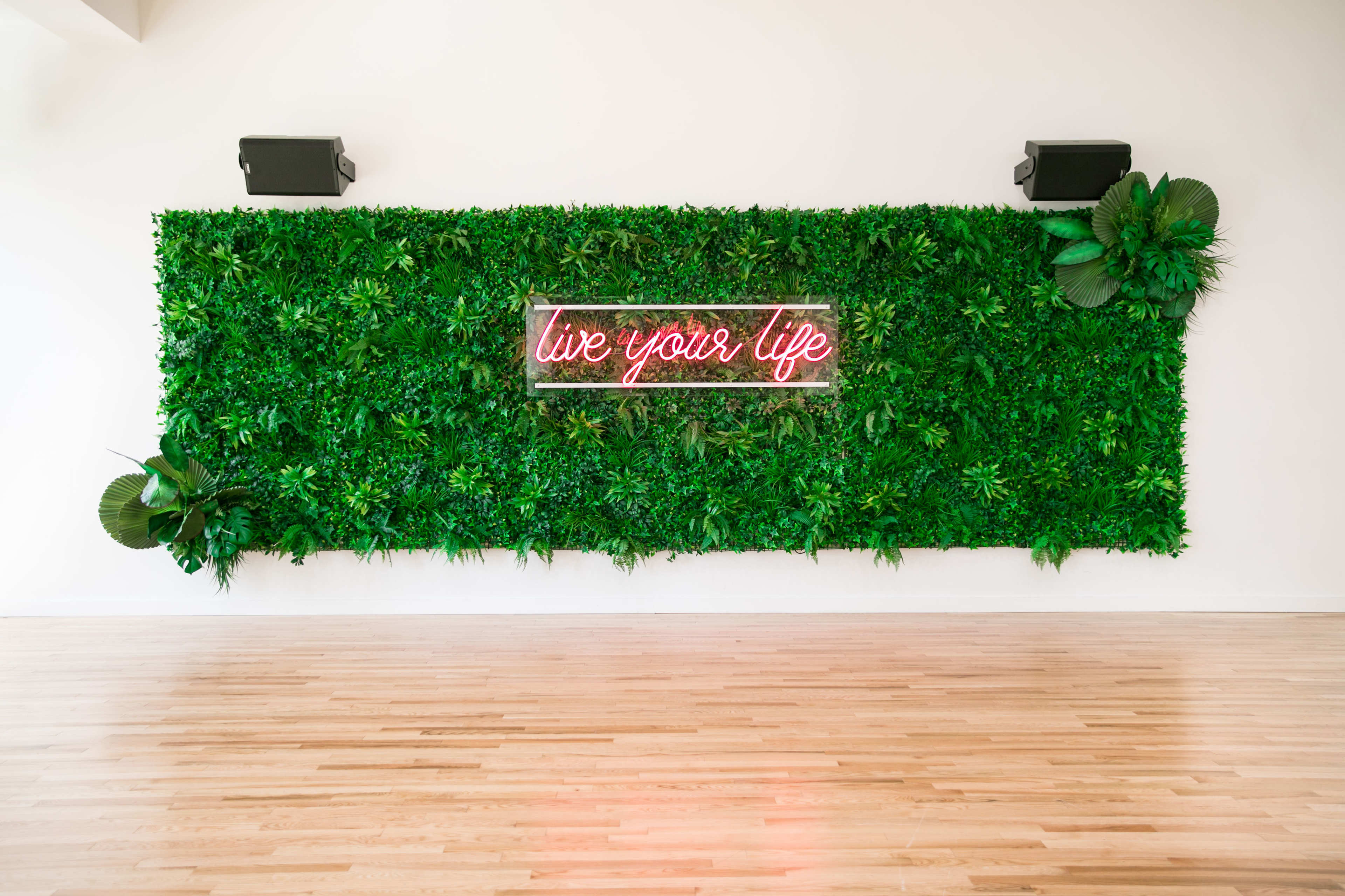 A vibrant green wall with artificial plants features a neon sign that reads "live your life."