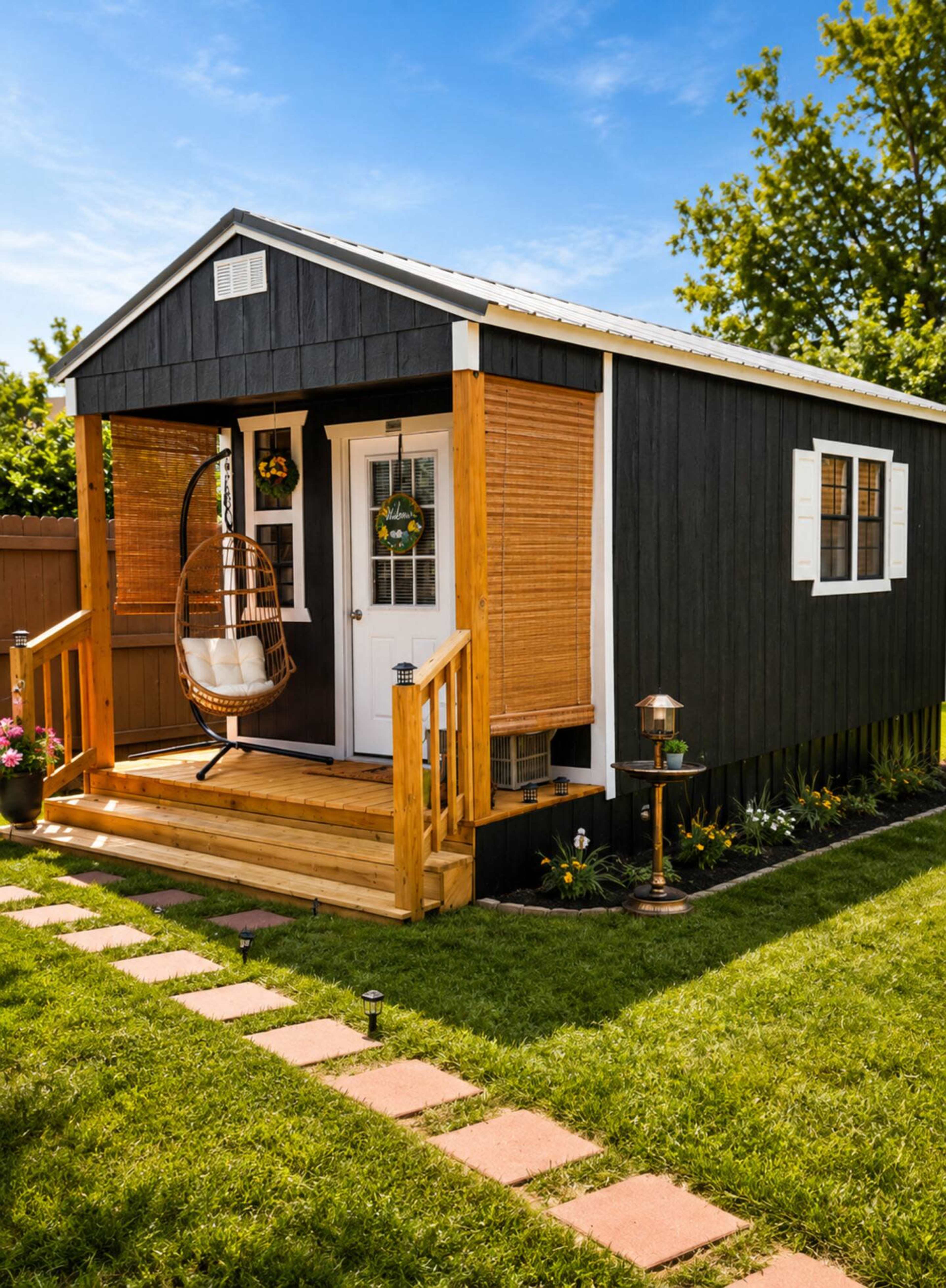A small black and white shed with a wooden porch and a hanging chair is set in a grassy yard surrounded by flower beds and paving stones.