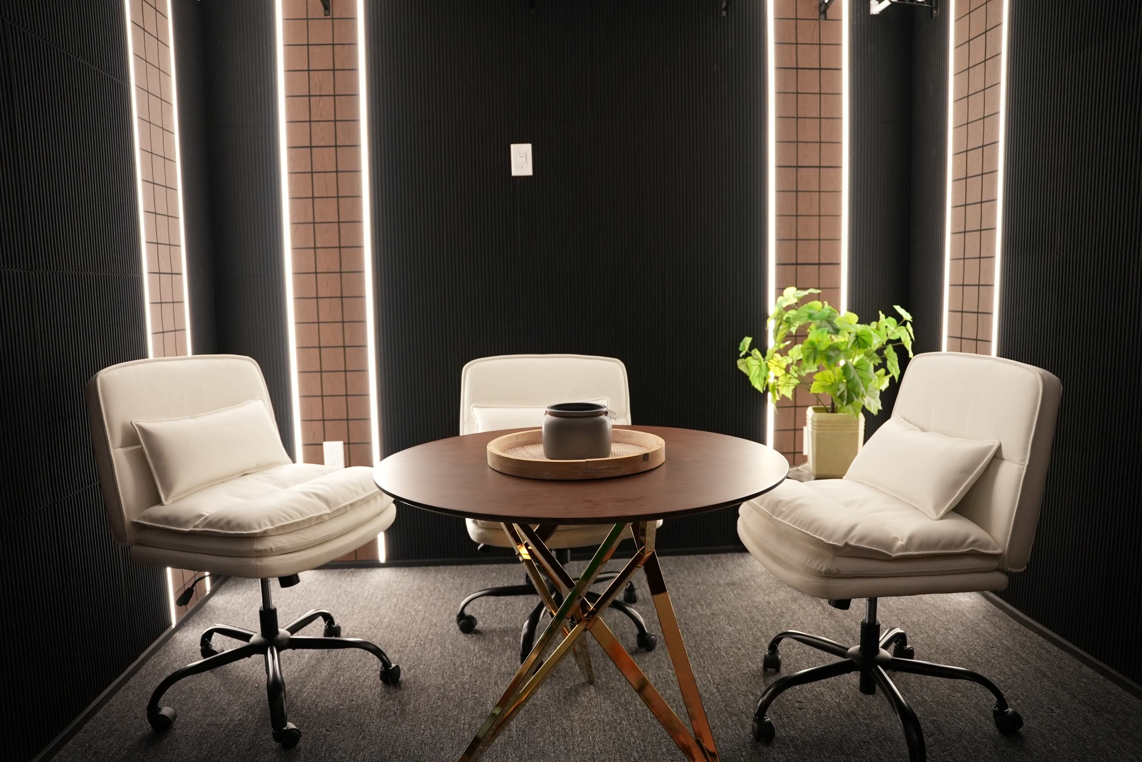 The image shows a small meeting room with two white chairs, a round wooden table, and a potted plant, illuminated by vertical light strips on the walls.