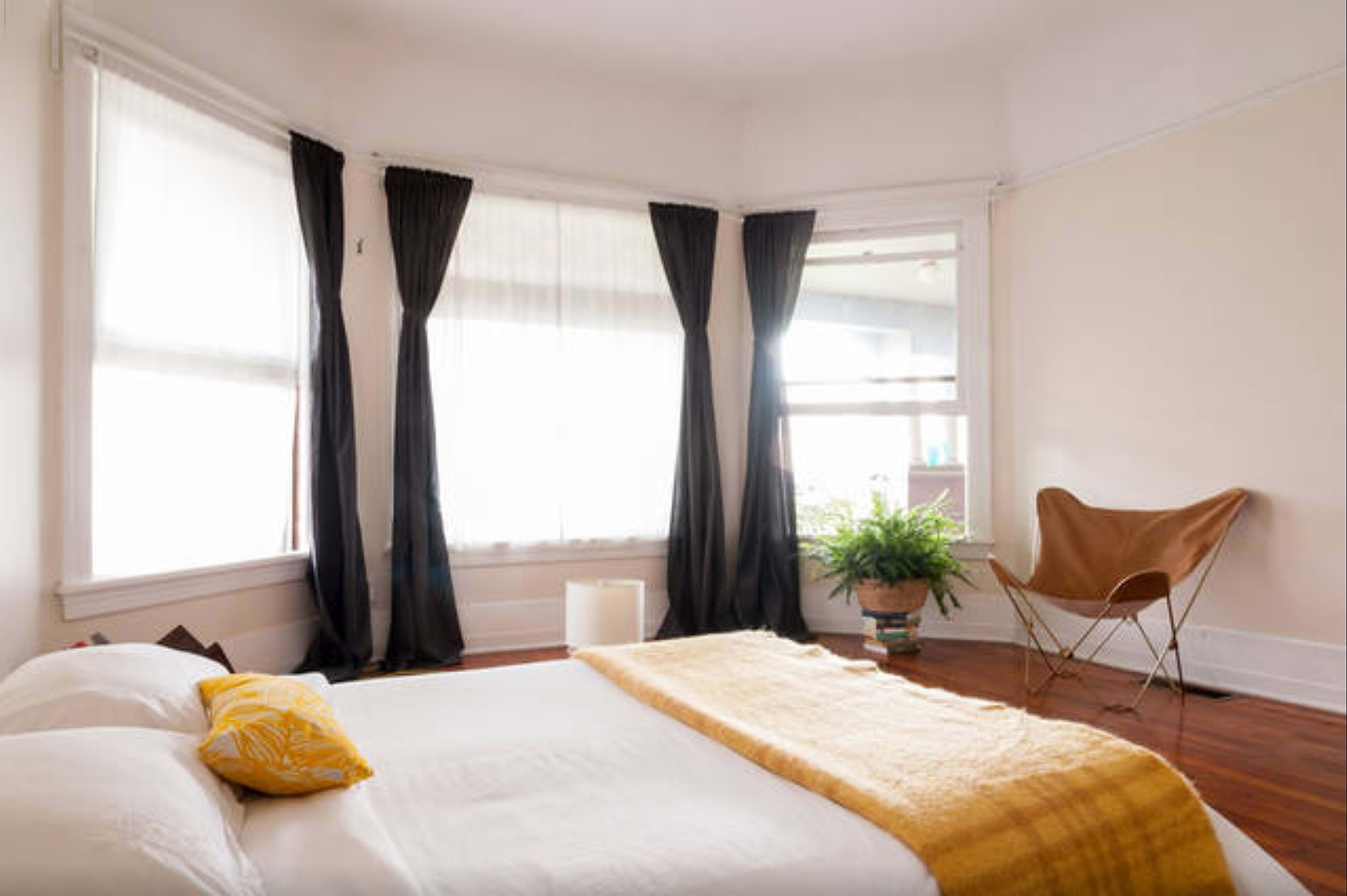 A bedroom features a bed with white linens, a yellow throw blanket, large windows with sheer curtains, and a potted plant next to a butterfly chair.