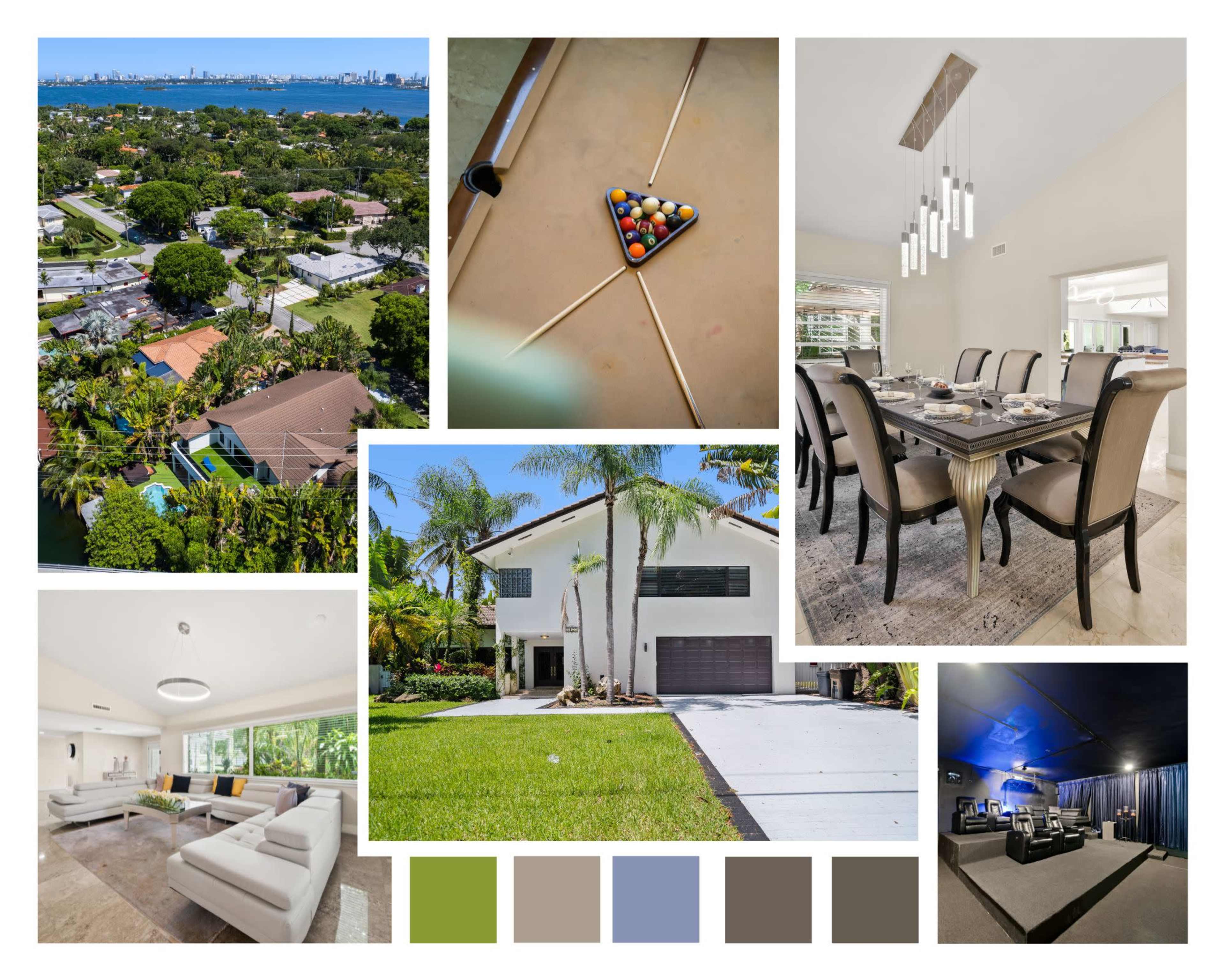 The collage features various scenes, including an aerial view of a residential area, a close-up of a pool table with balls, a dining setup, a modern home exterior with palm trees, an interior living space, and a home theater.