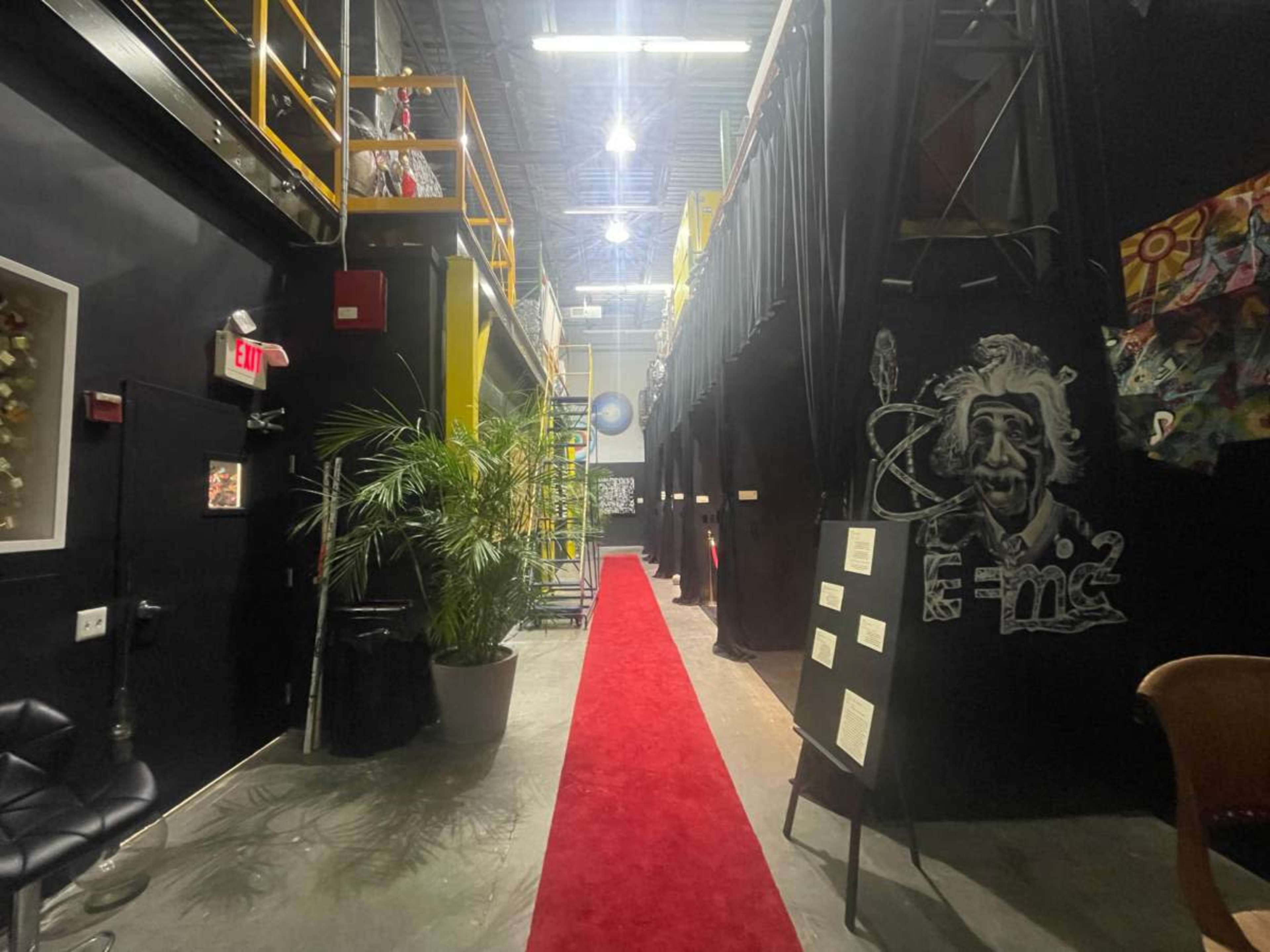 The image shows a corridor with a red carpet leading towards a set of black curtains, flanked by a palm plant and various artworks on the walls.