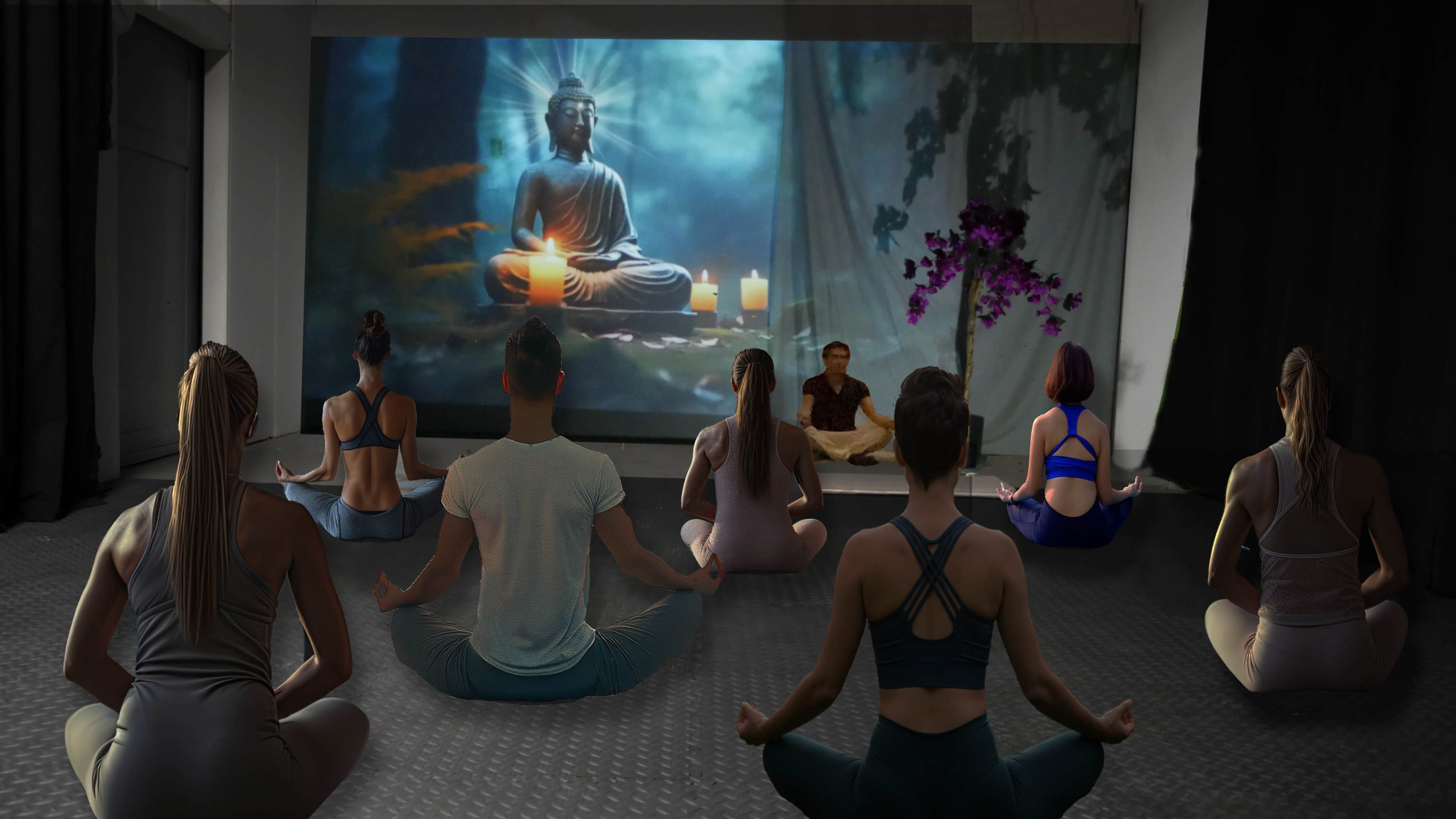 A group of people is meditating in a dimly lit room with a large screen displaying a serene Buddha image and candles.