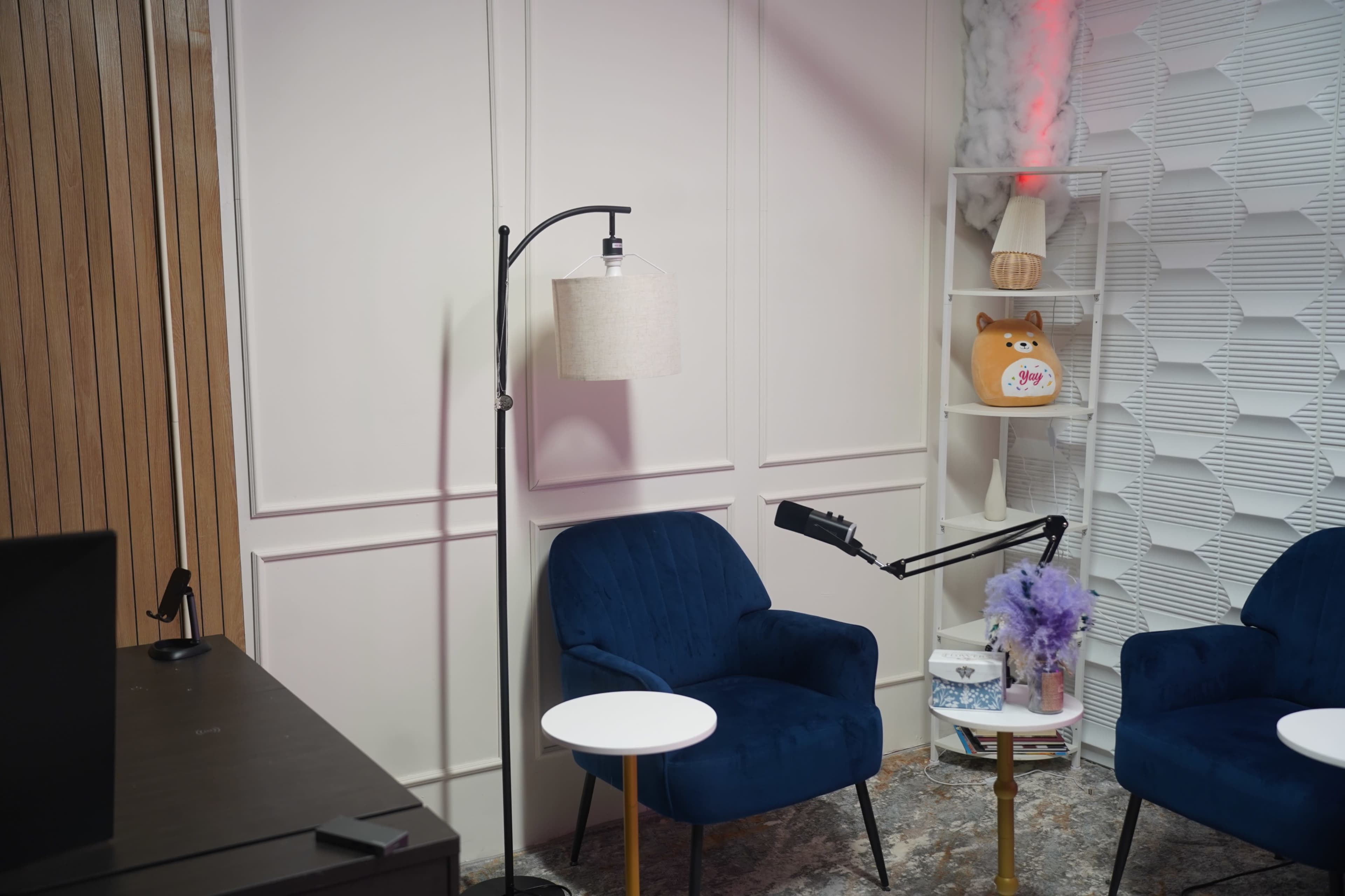 The image features a cozy room setup with two blue chairs, a floor lamp, a small white table, and decorative shelves with a stuffed animal and a potted plant.