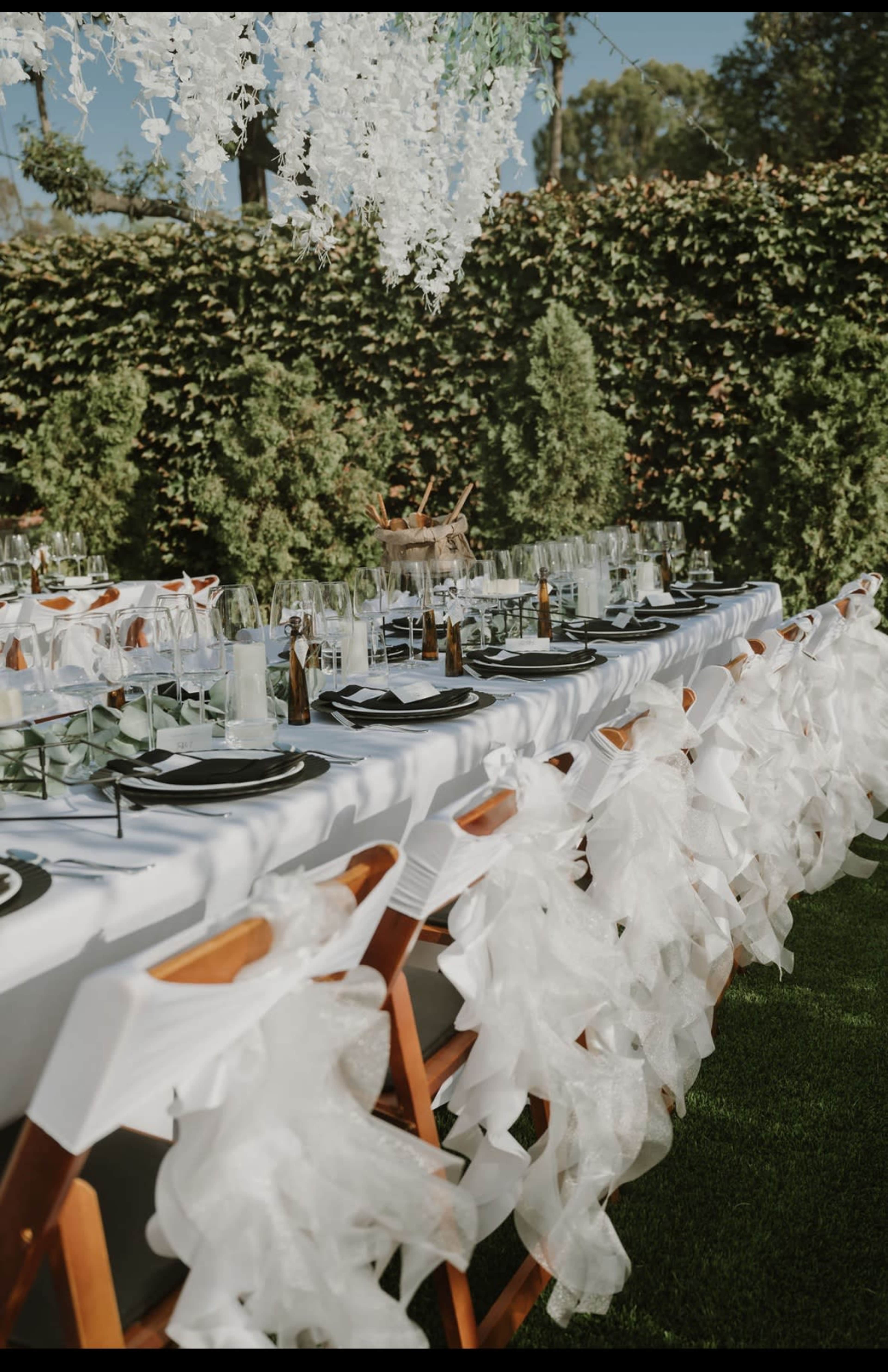A long outdoor dining table is set with black plates and clear glassware, decorated with white ruffled fabric along the edges and surrounded by greenery.