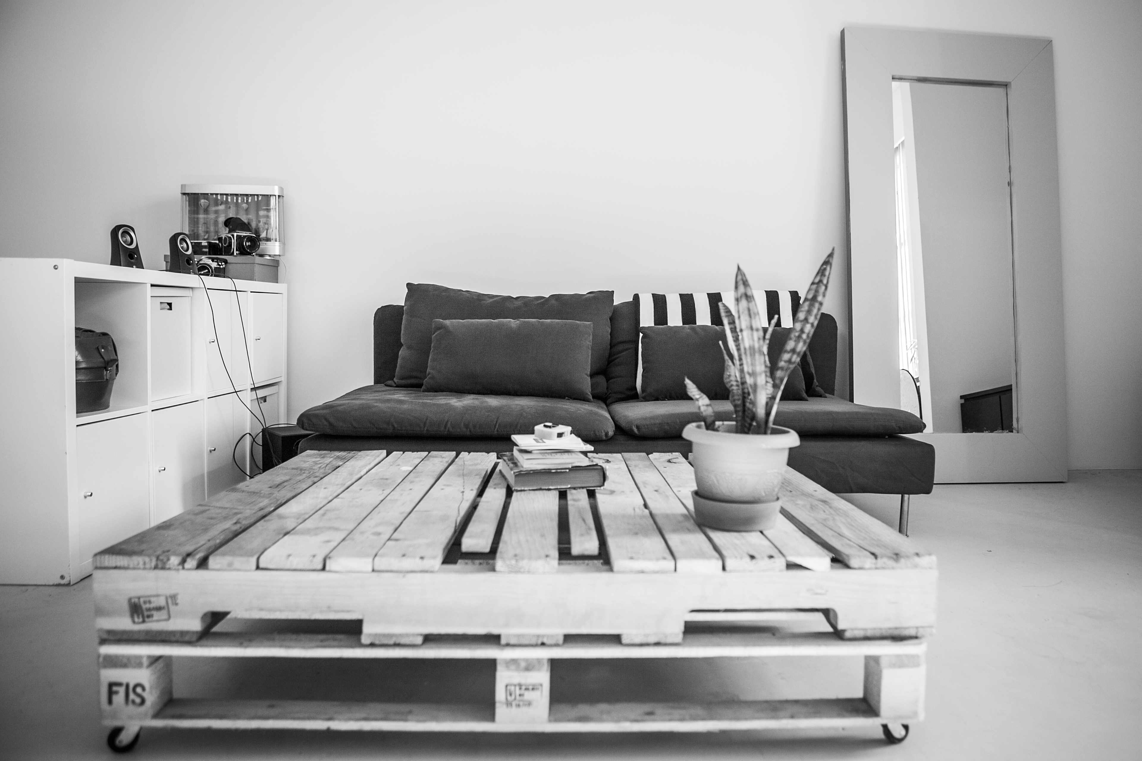 The image shows a minimalist living room featuring a sofa, a wooden pallet coffee table, and a potted plant, with a large mirror on the wall.