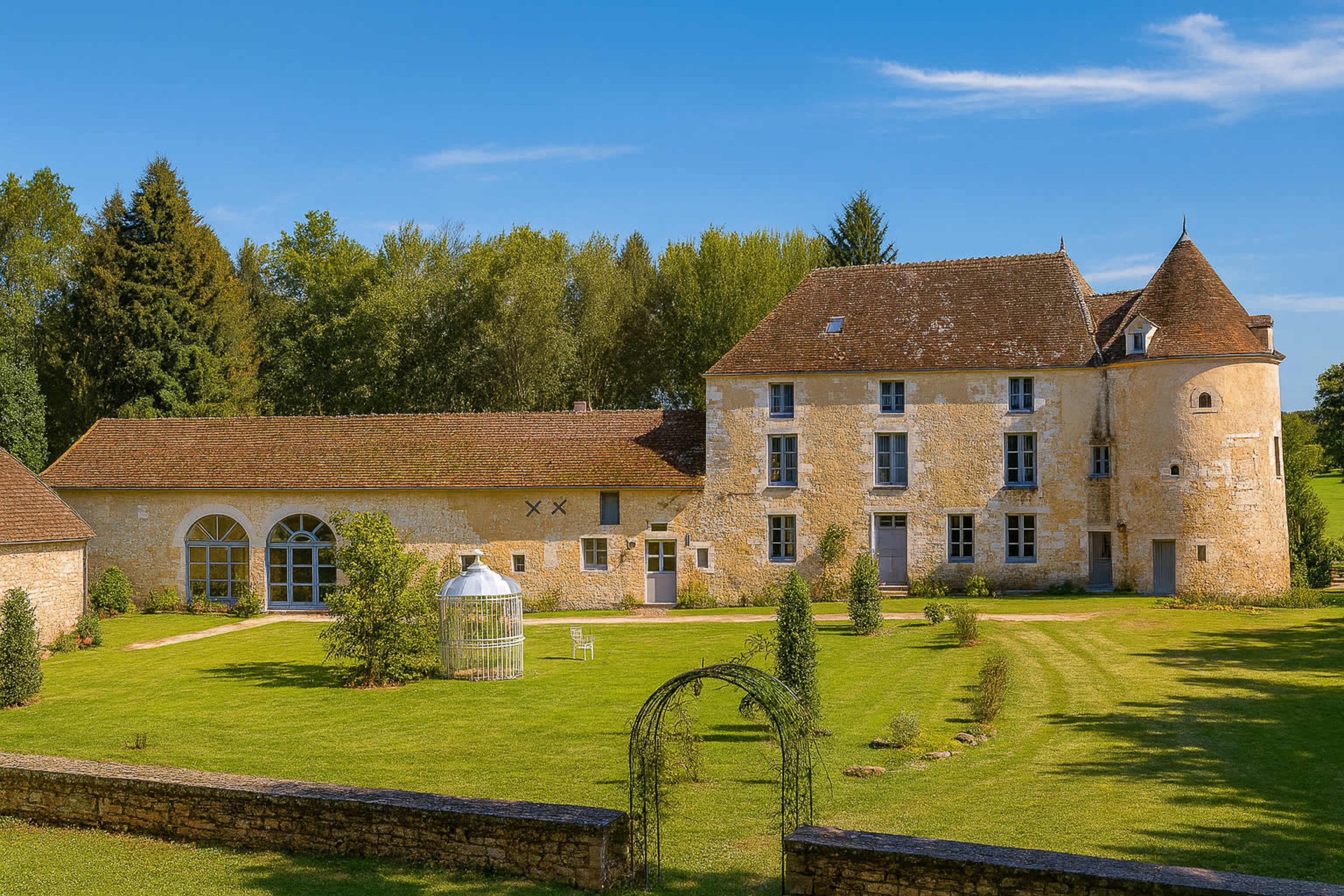 A historic stone building with a sloped roof, adjacent to a garden featuring green lawns and a white decorative birdcage.