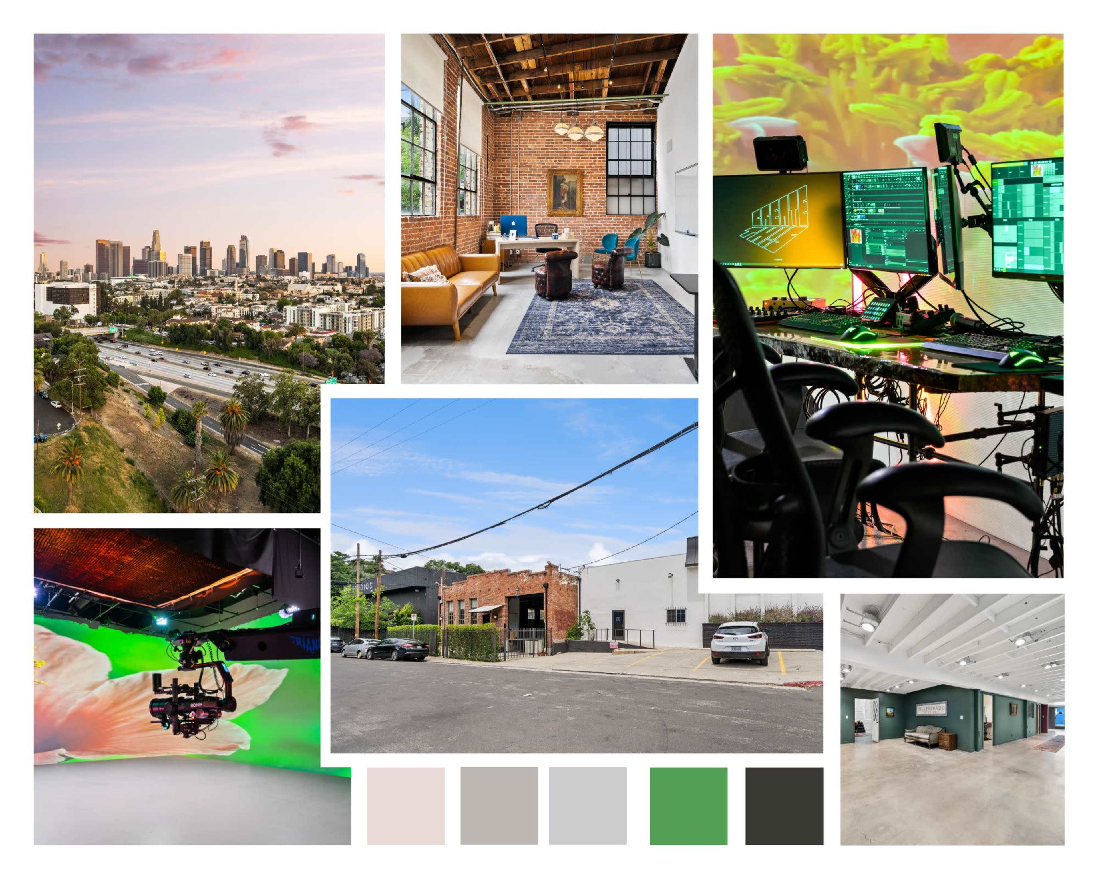 A collage of various scenes, including a city skyline at sunset, a cozy interior with modern furniture, a high-tech workspace with multiple monitors, an outdoor view of a street with parked cars, and a studio with vibrant lighting and a green screen.