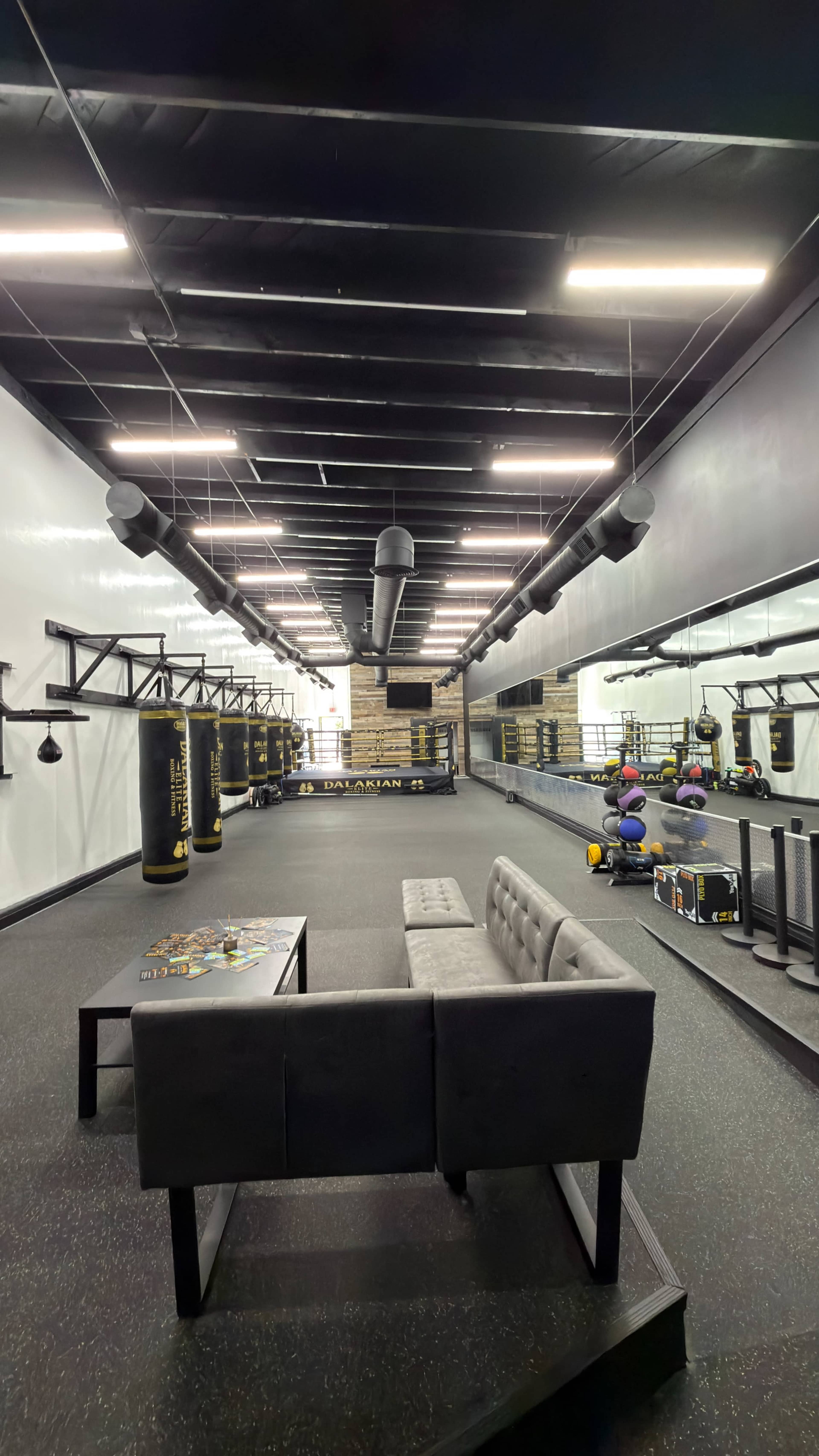 The image shows a modern gym interior featuring a row of punching bags, a mirrored wall, and workout equipment arranged neatly, with a sofa positioned in the foreground.