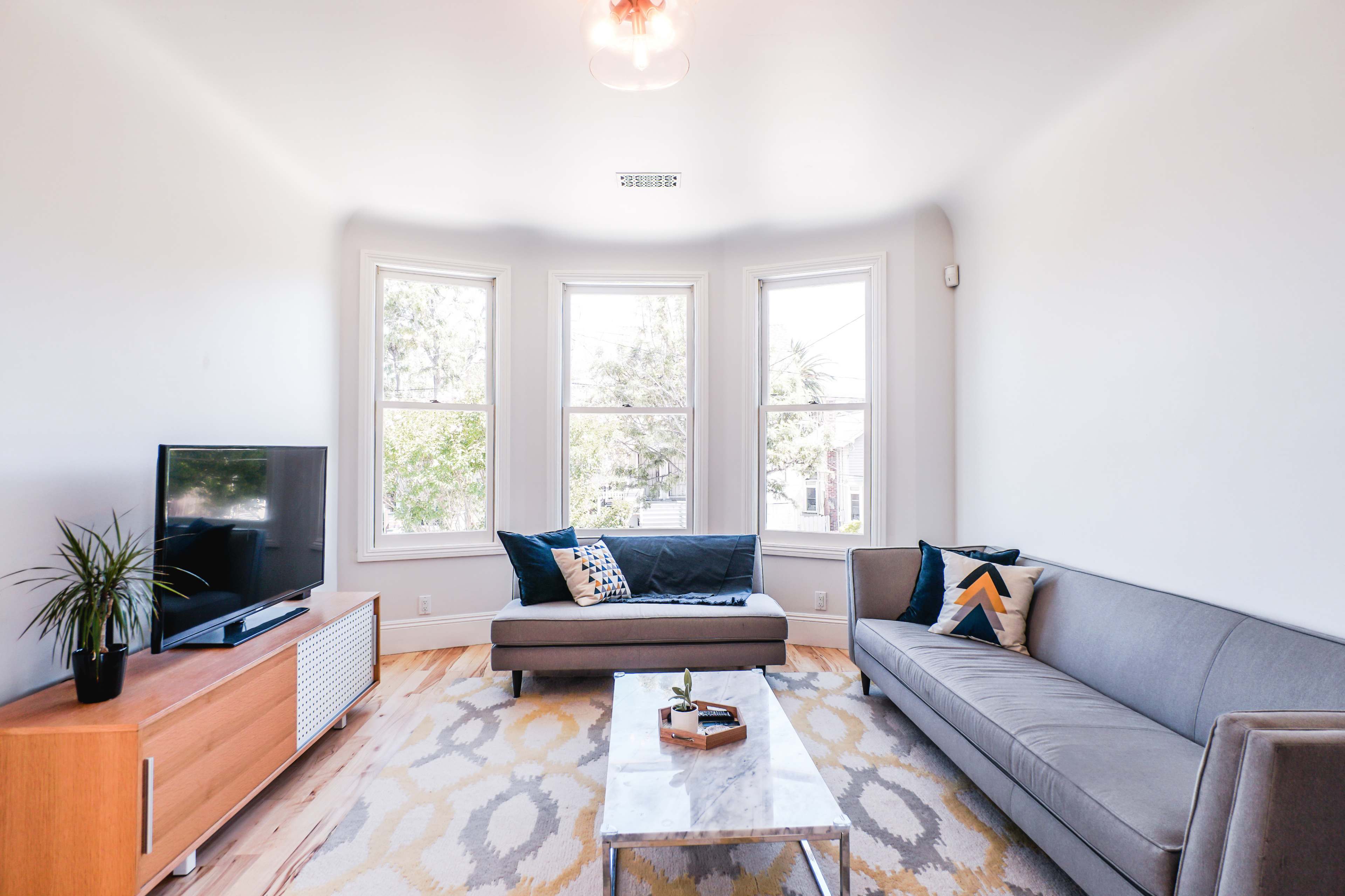 A light-filled living room features two sofas, a television on a wooden cabinet, and a coffee table on a patterned rug.