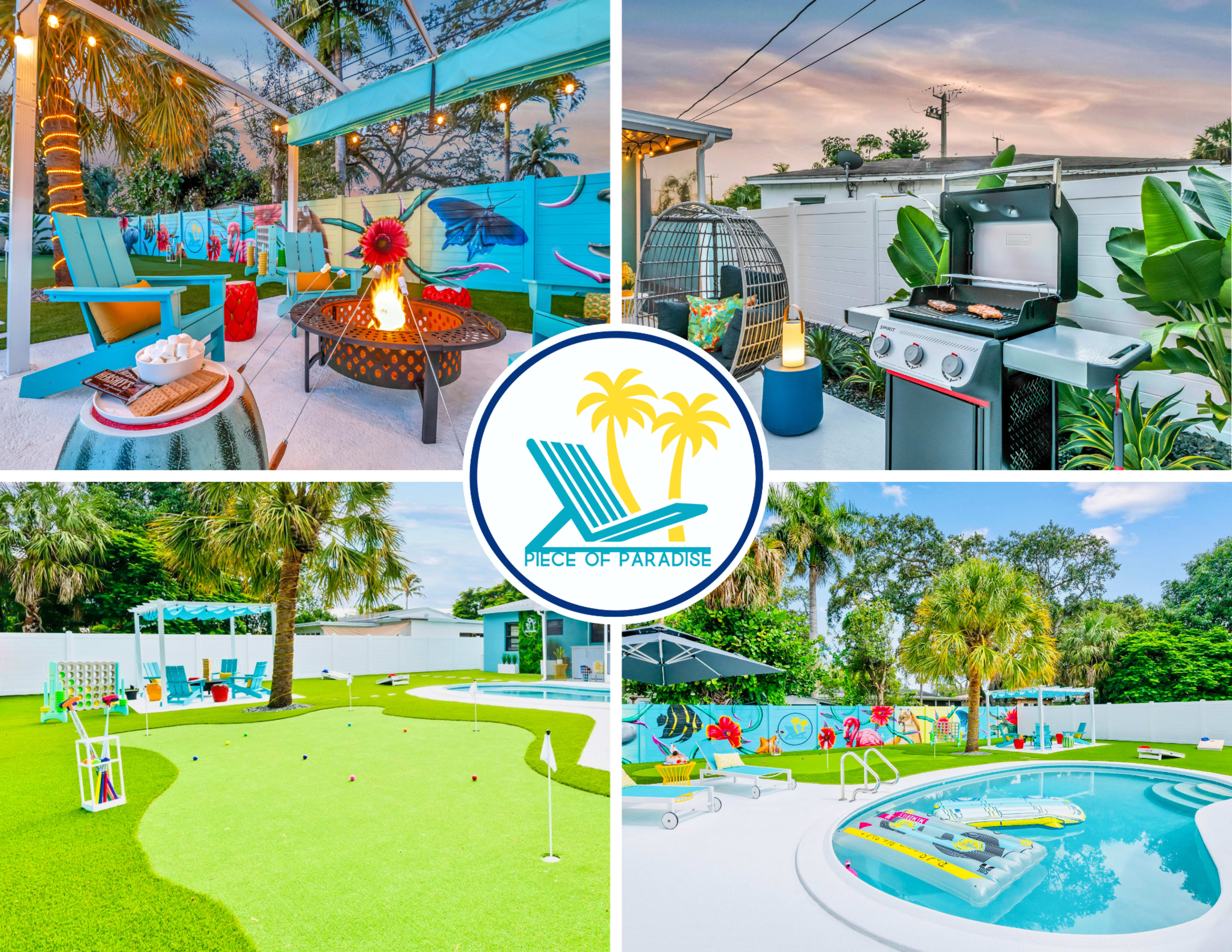 The image showcases a vibrant outdoor space featuring a pool, grilling area, putting green, and lounge chairs surrounded by tropical plants.