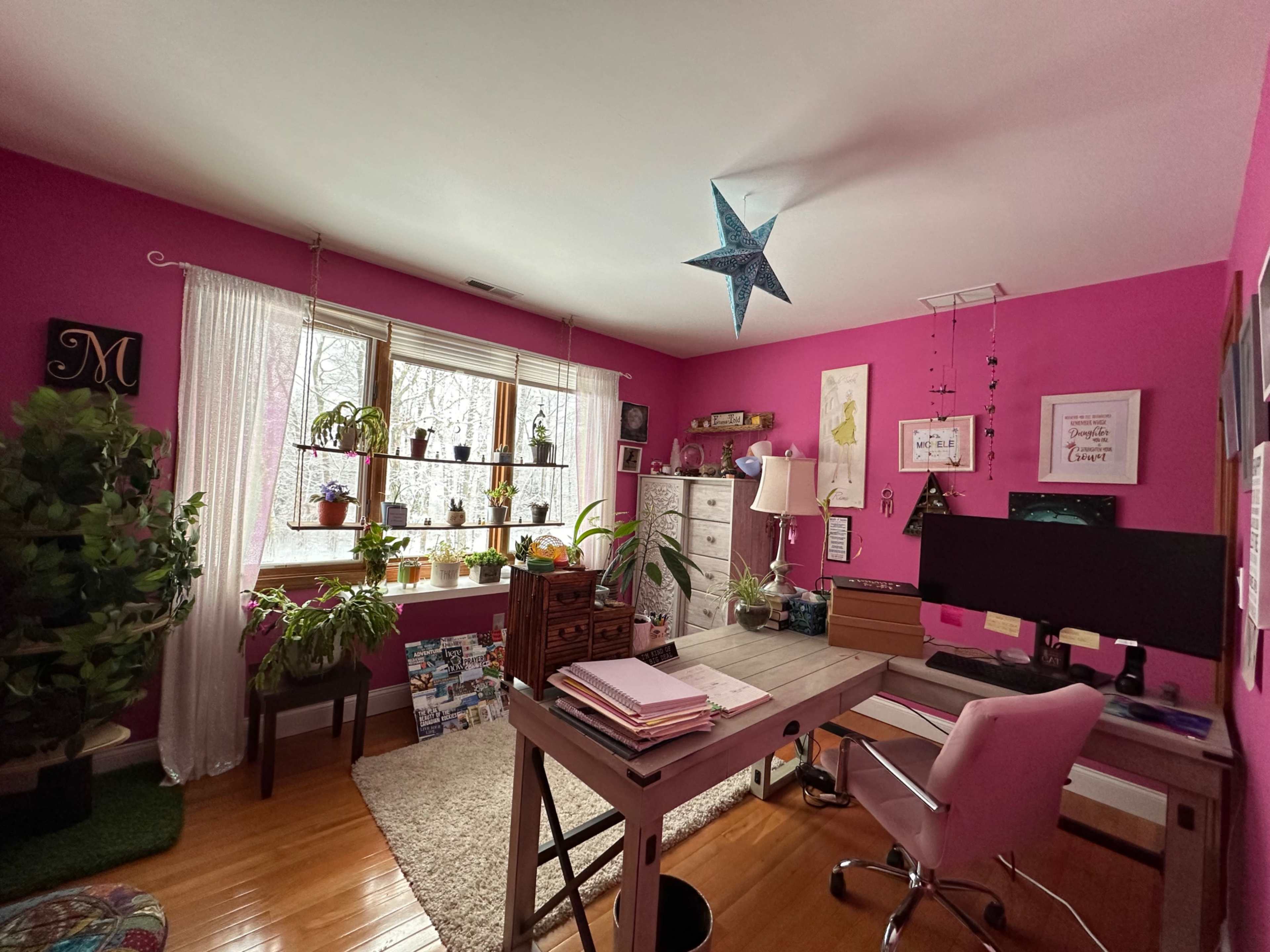 A bright pink home office features a desk with a computer, shelves filled with plants, and large windows allowing natural light to enter.