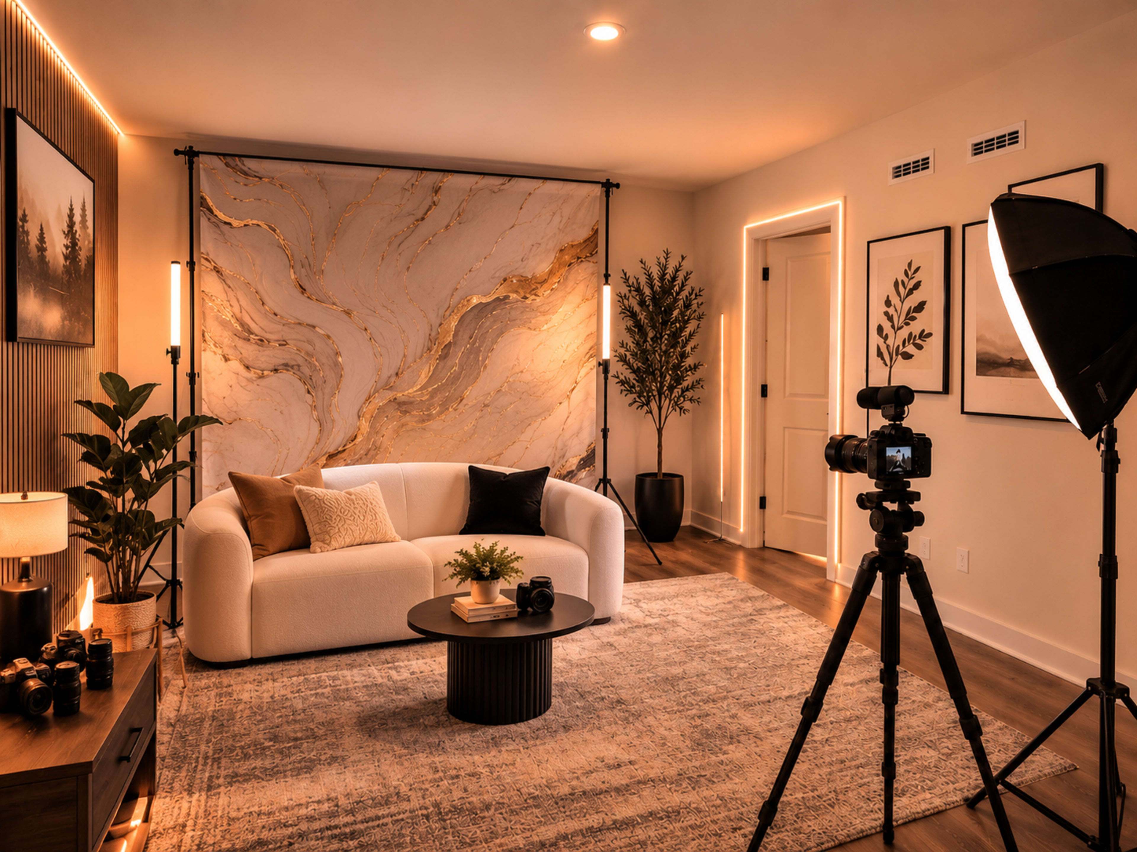 The image shows a modern living room setup featuring a couch, a round coffee table, a backdrop with a marble design, and photography equipment.