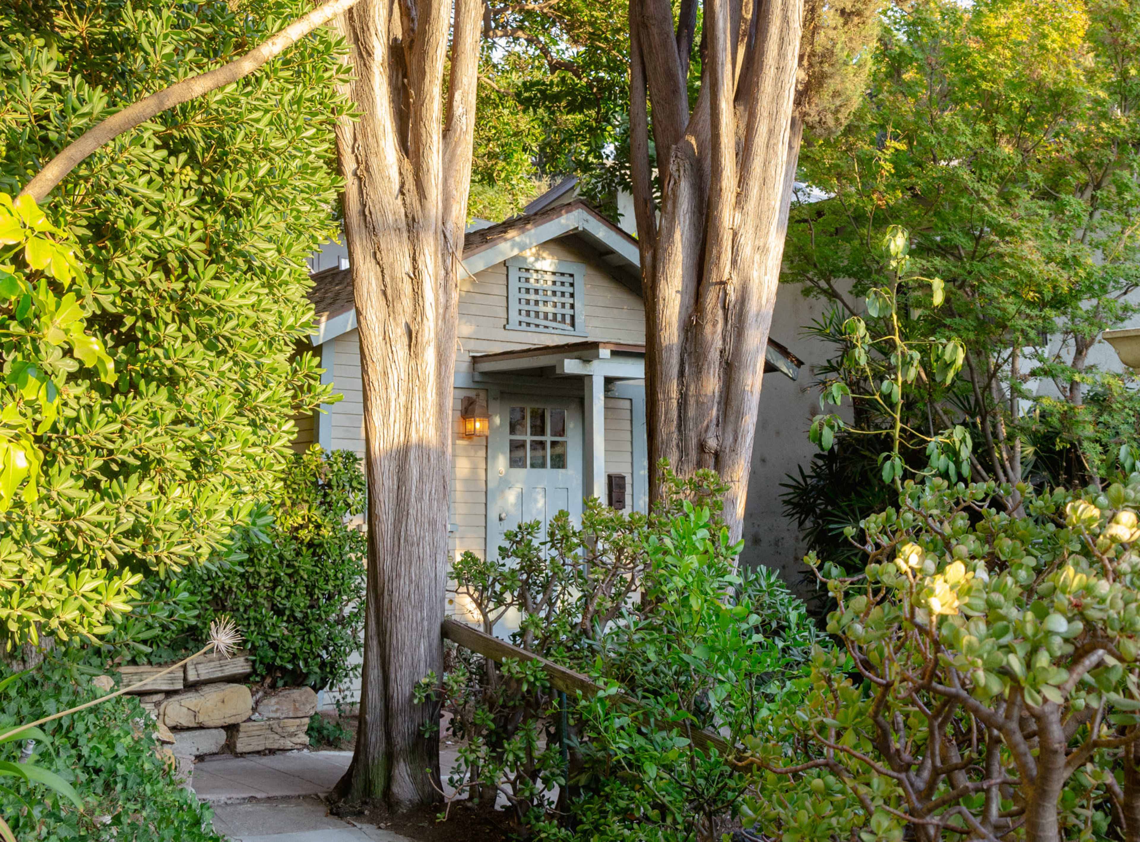 A small, pale house is nestled between two tall trees, surrounded by lush greenery and a stone pathway.