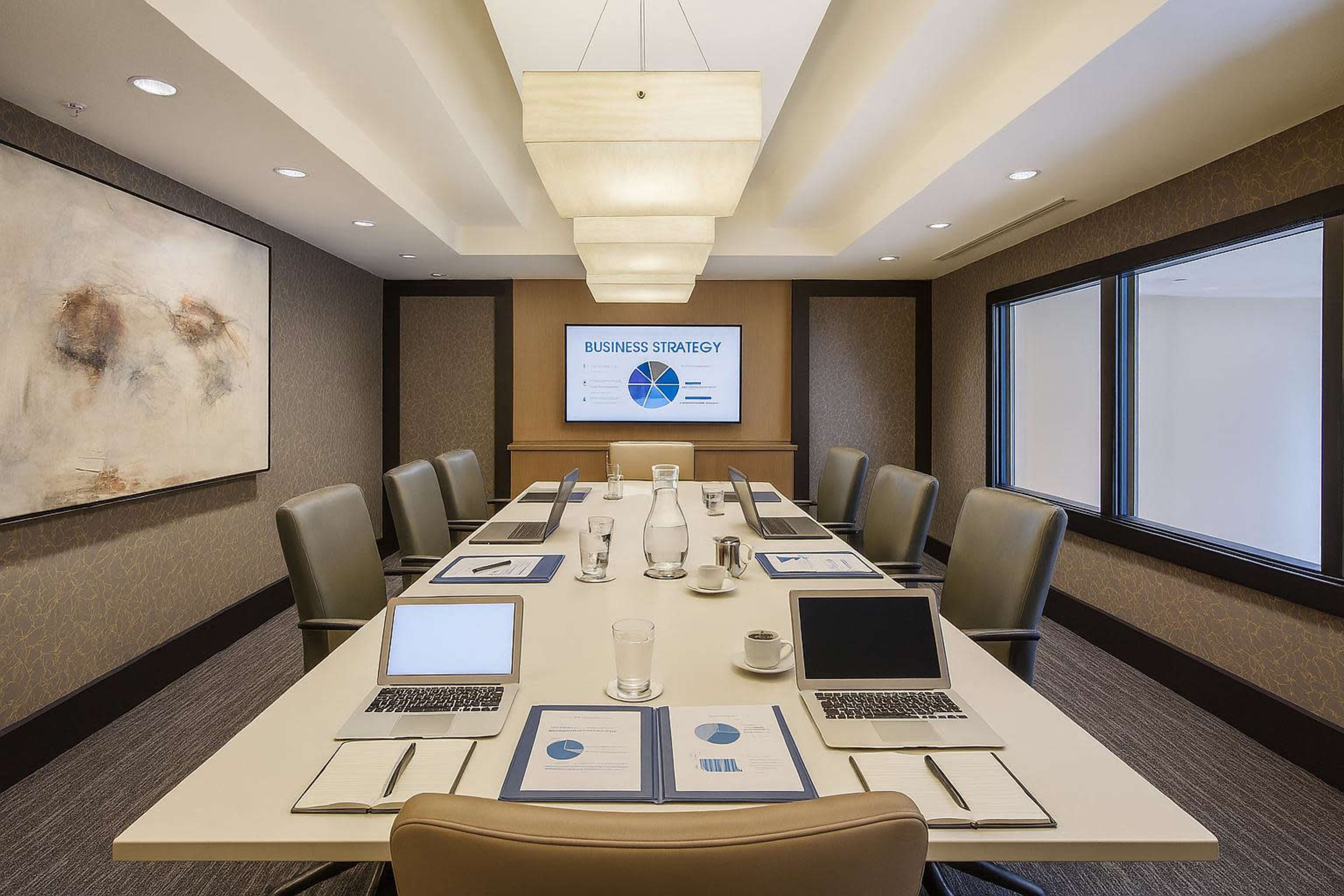 A modern conference room features a long table set with laptops, documents, and water pitchers, with a large screen displaying a business strategy presentation.