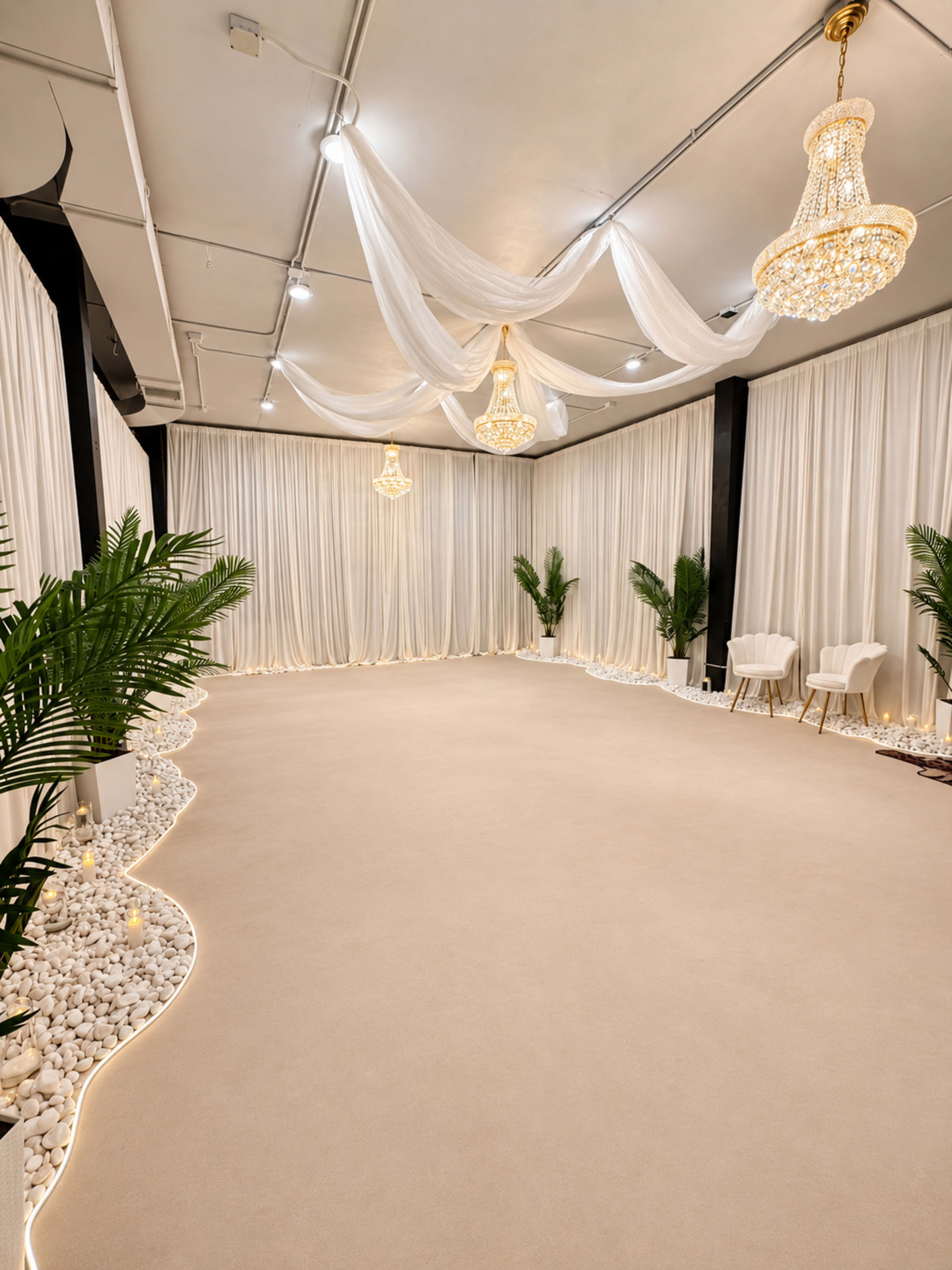 The image shows a spacious indoor venue with white draped curtains, two chandeliers, and elegant decor featuring indoor plants and white pebbles lining the floor.