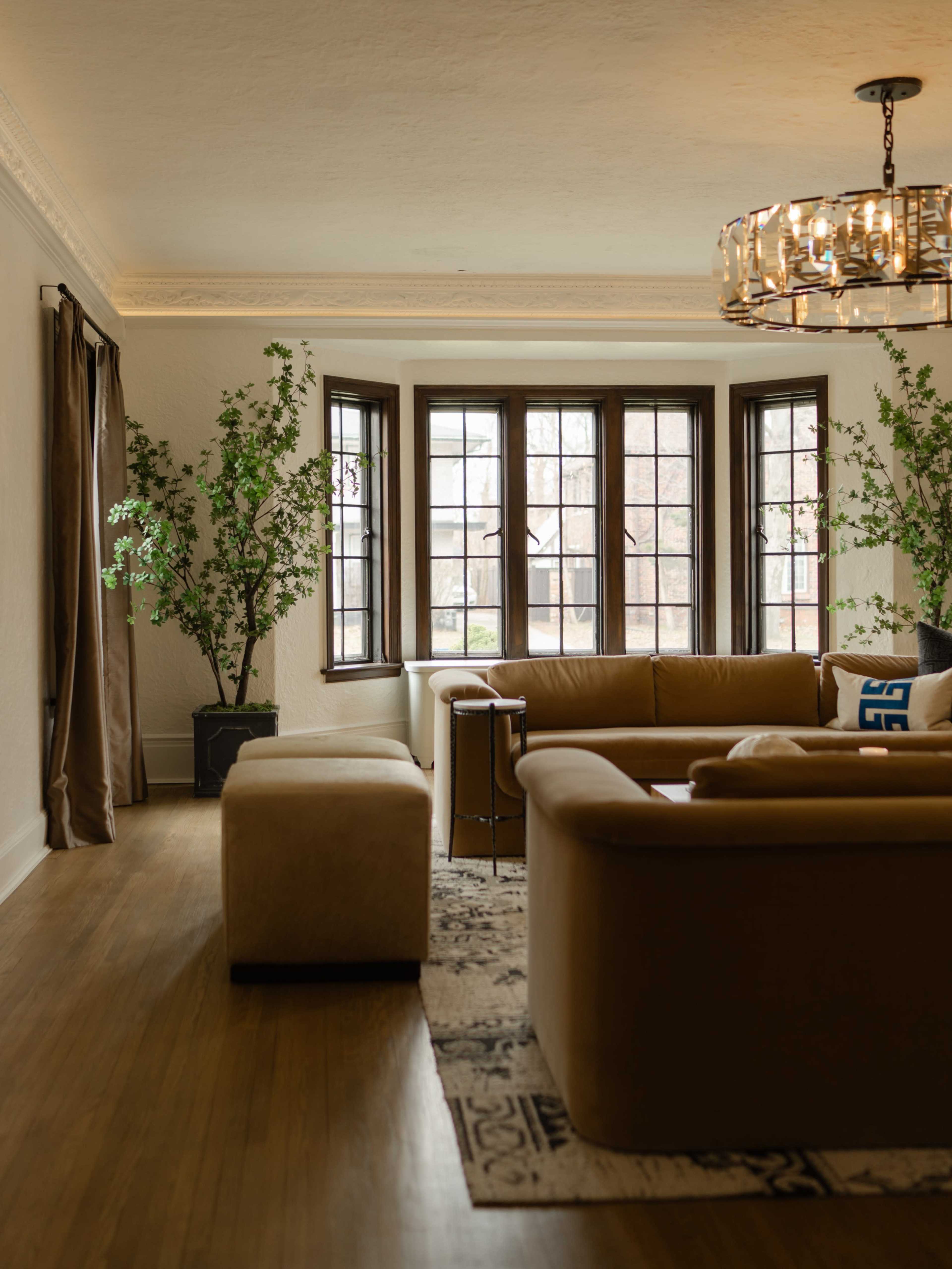 The living room features a curved sofa, a small table, and large windows framed by indoor plants.