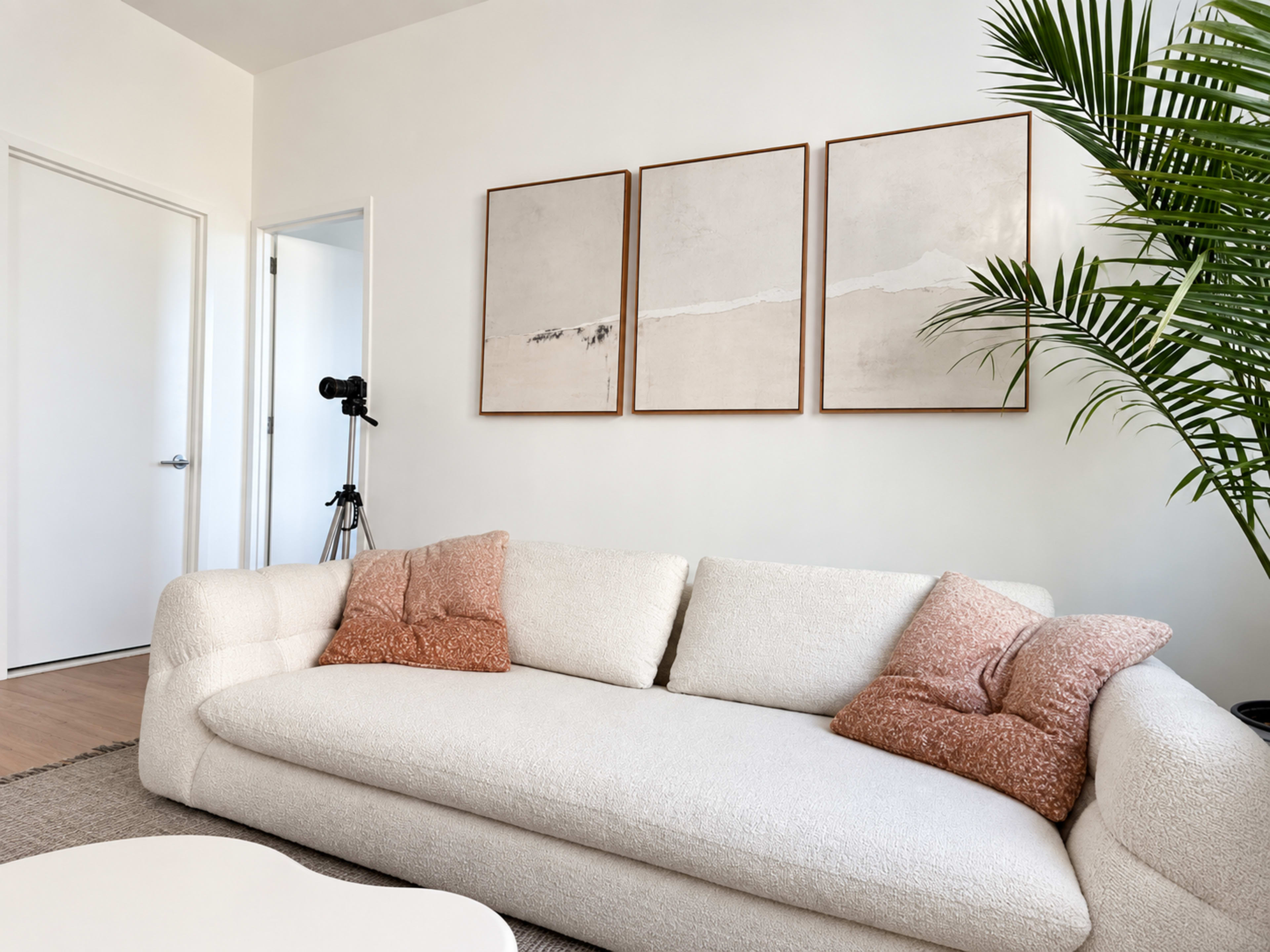 The image shows a bright, minimalist living room featuring a light-colored sofa with cushions, a round coffee table, three framed artworks on the wall, and a plant beside a window with a camera on a tripod in the background.
