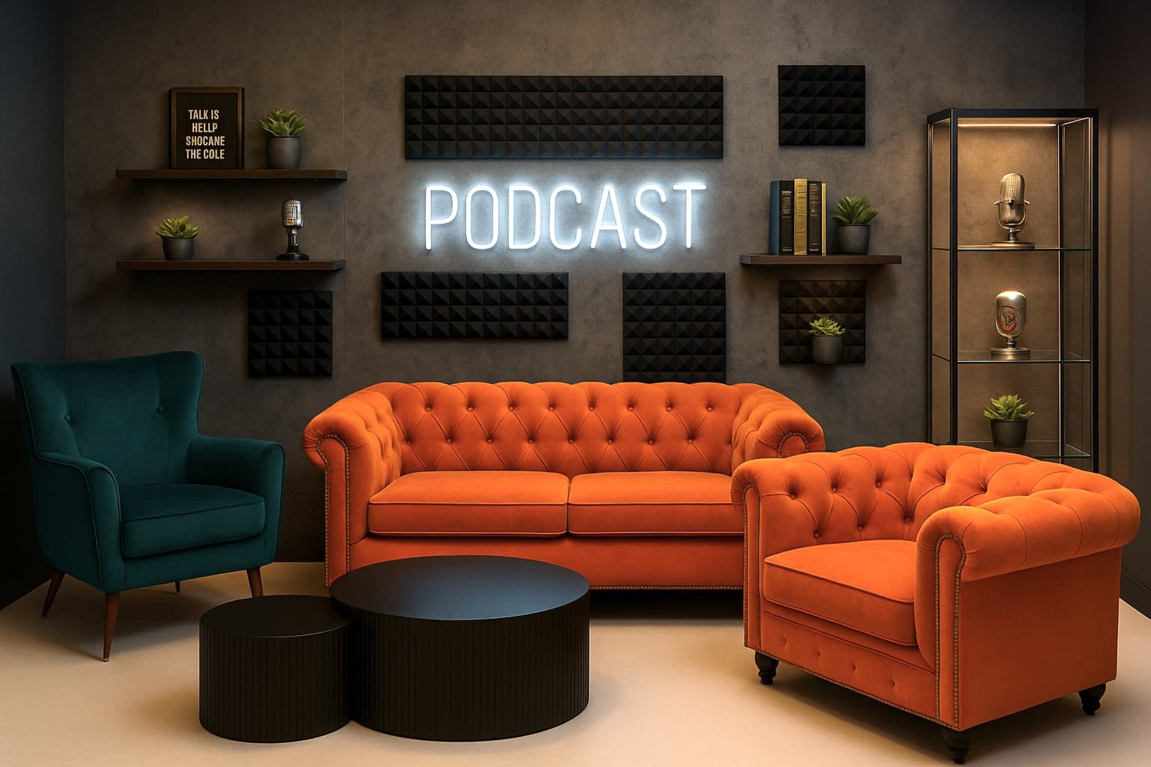 The image features a stylish podcast studio with a bright orange couch, a green armchair, black acoustic panels, potted plants, and illuminated signage displaying the word "PODCAST."