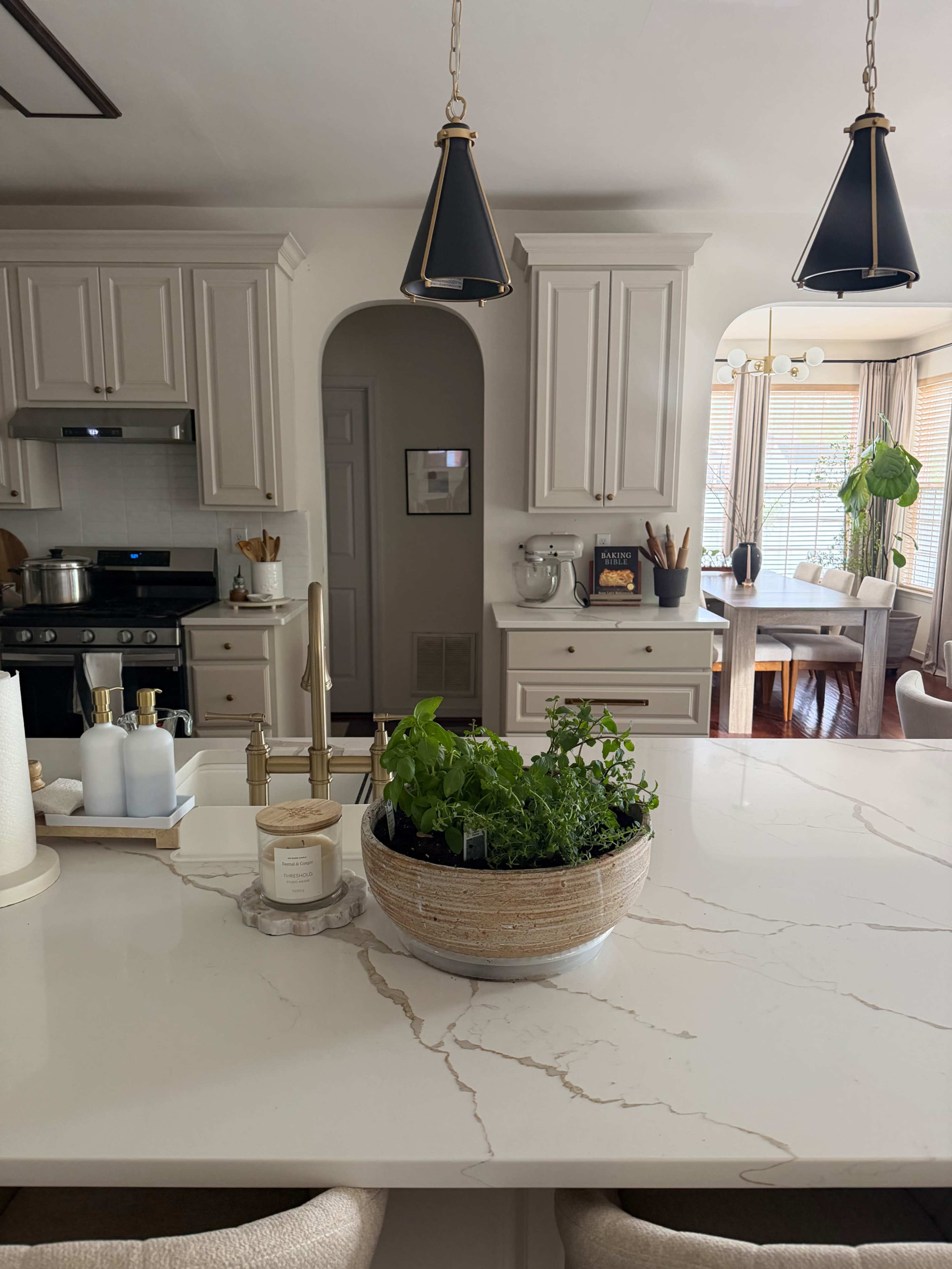 A modern kitchen features light cabinetry, a large marble countertop with a potted herb arrangement, and pendant lighting above.