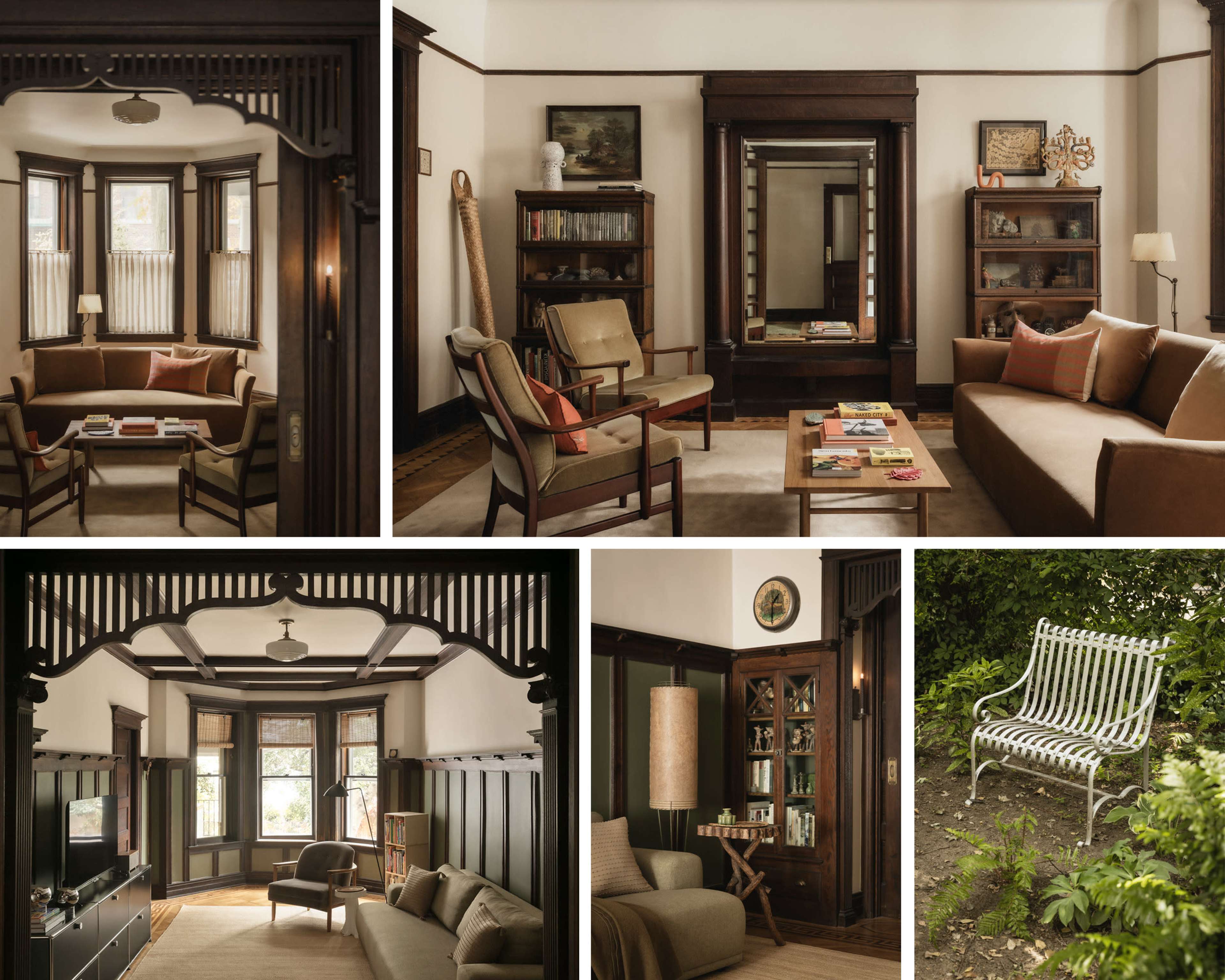 The image showcases a series of living spaces featuring a mix of wooden architectural elements, comfortable seating, and various decorative accessories.