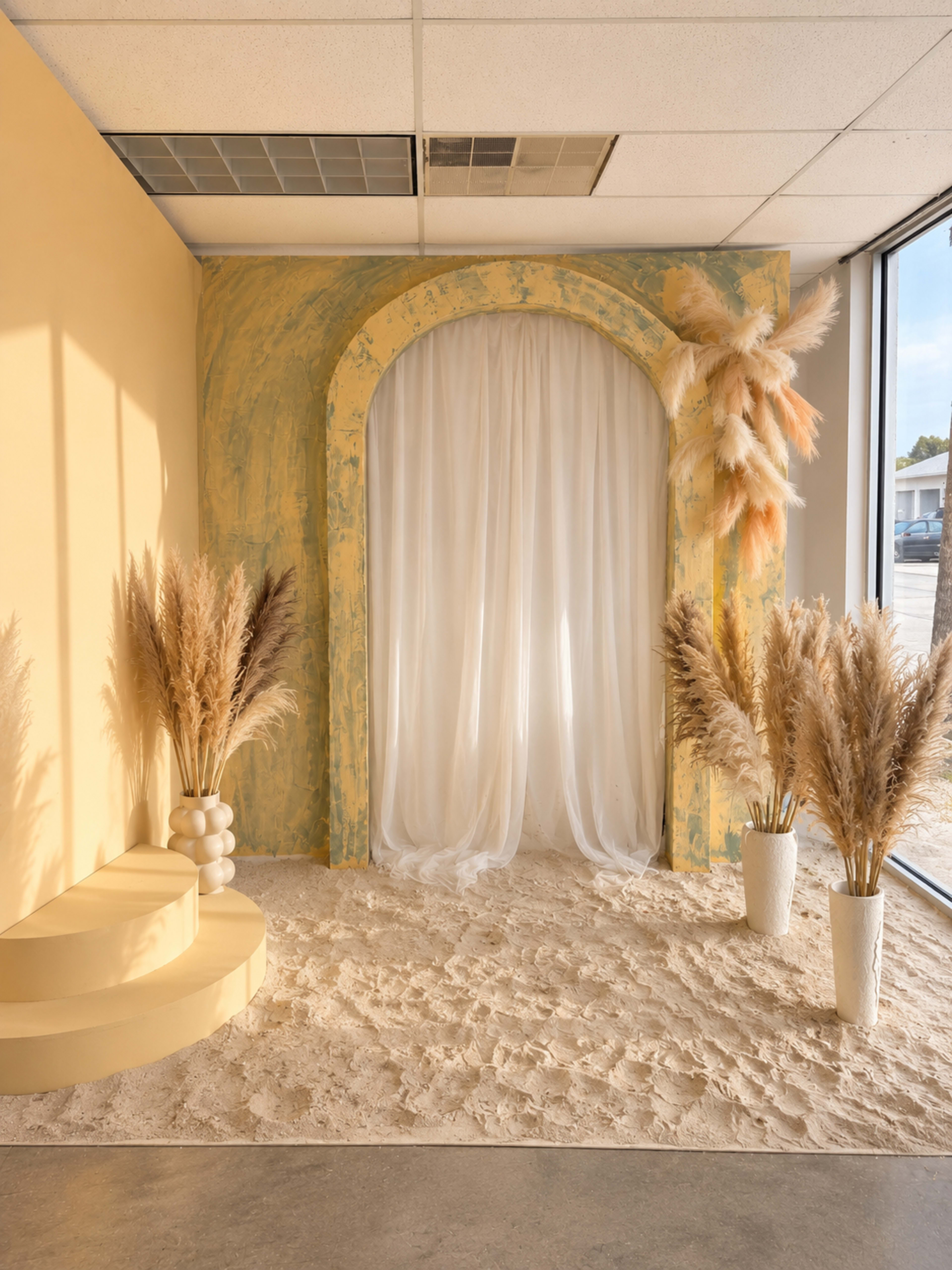 The image shows a minimalist interior featuring a geometric yellow backdrop with a white curtain and decorative pampas grass arrangements in white planters.